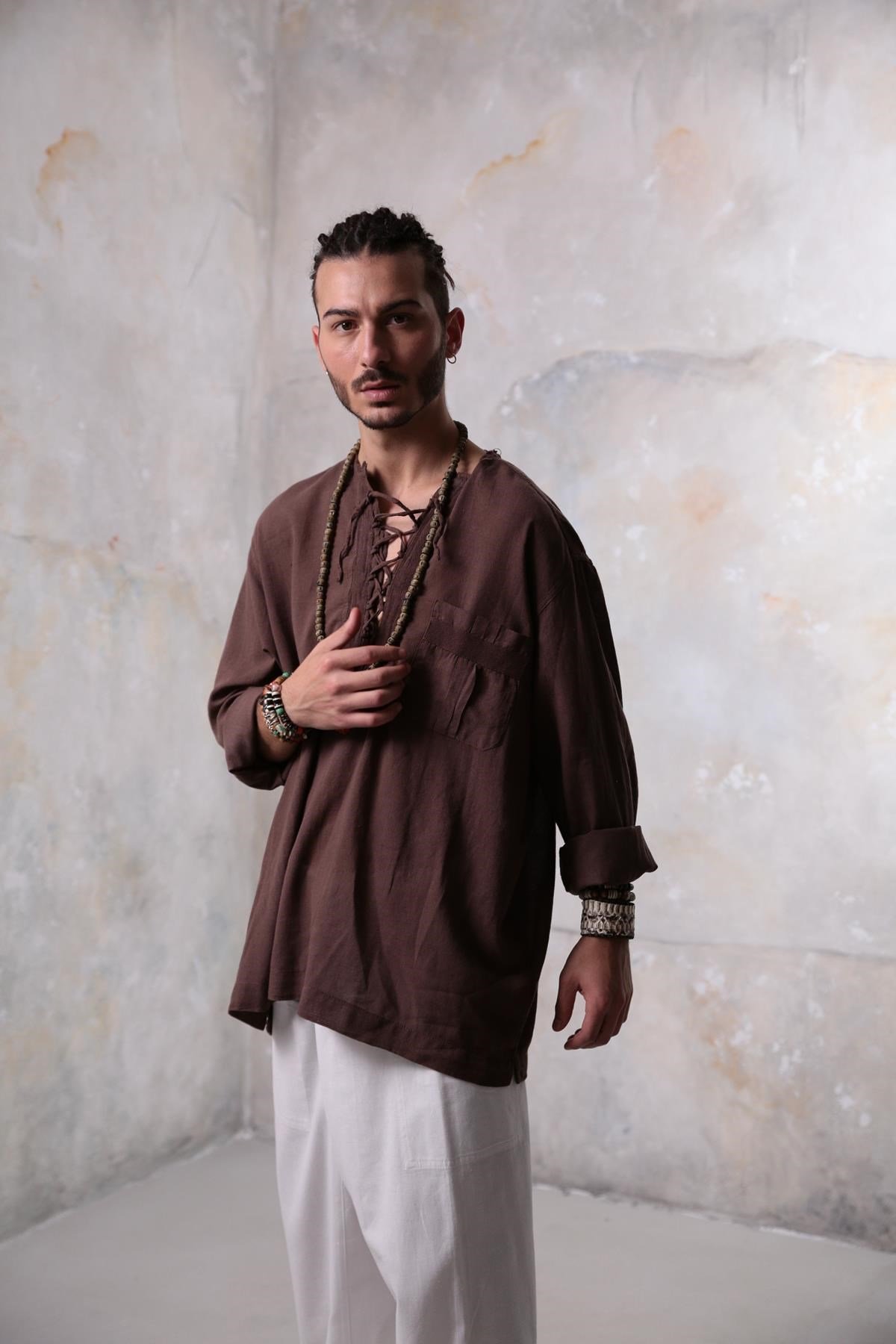 Brown Lace-Up Collar Bohemian Men's Shirt - Şaman Butik | Boho Fashion Brown Lace-Up Collar Bohemian Men's Shirt