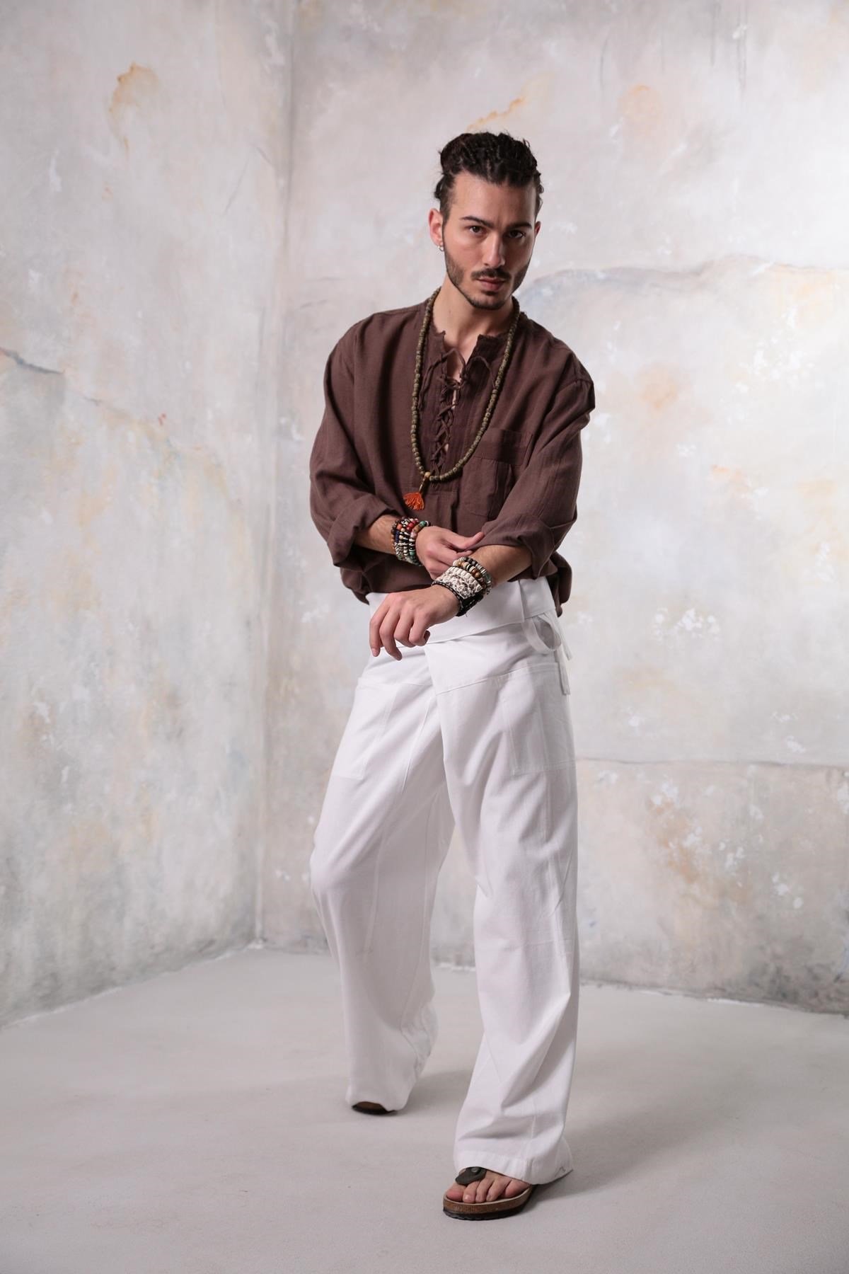 Brown Lace-Up Collar Bohemian Men's Shirt - Şaman Butik | Boho Fashion Brown Lace-Up Collar Bohemian Men's Shirt