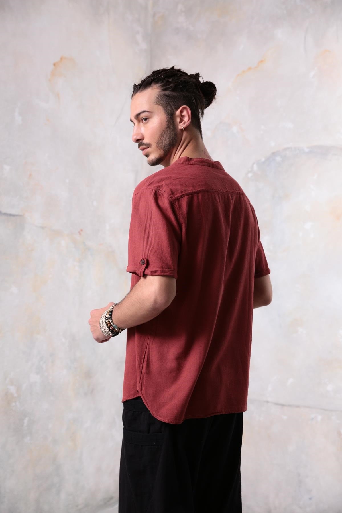  Kiremit Düğmeli Kısa Kollu Hakim Yaka Erkek Gömlek