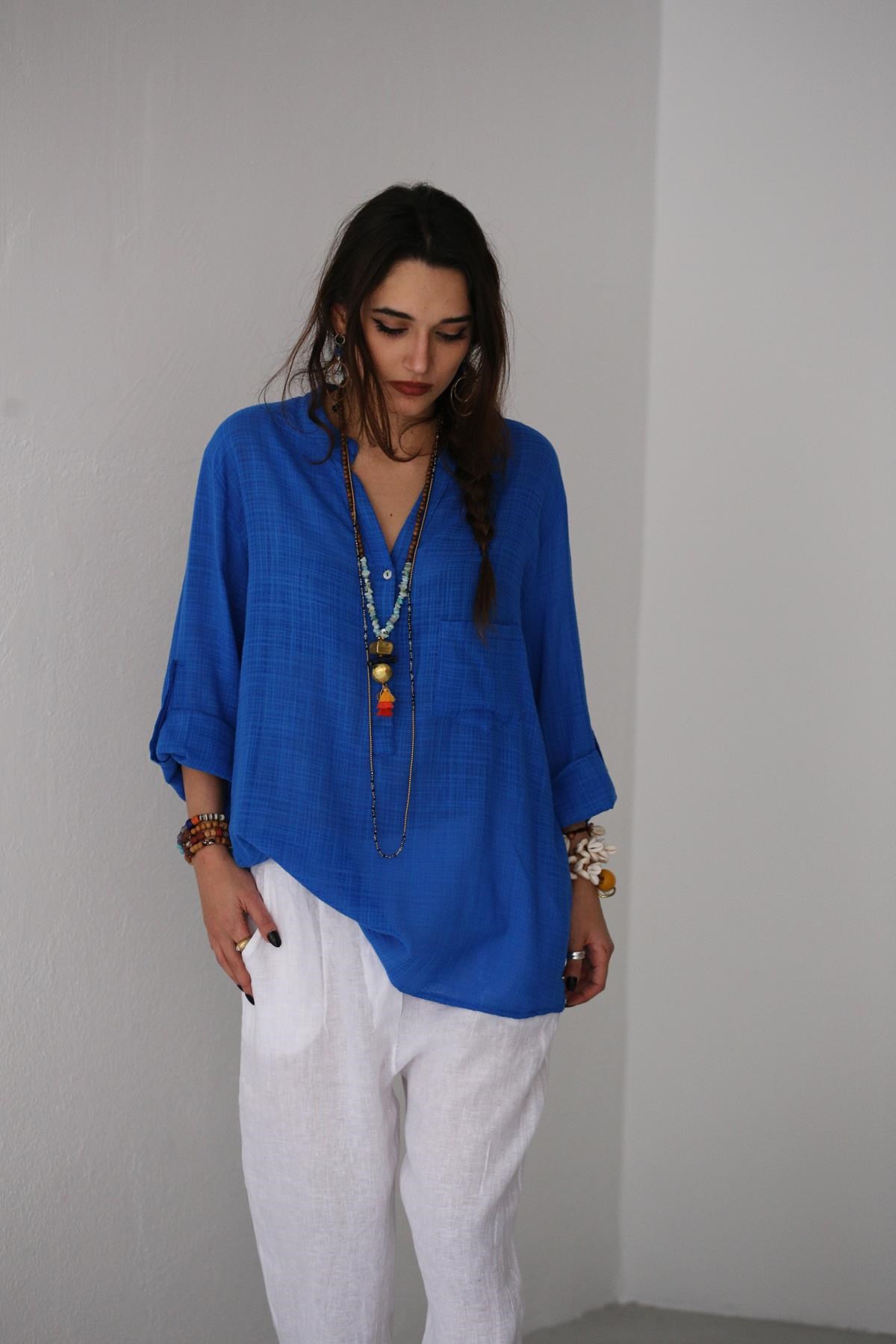 Saman Butik | Shop Online Dark Blue Mandarin Collar Half Buttoned Shirt