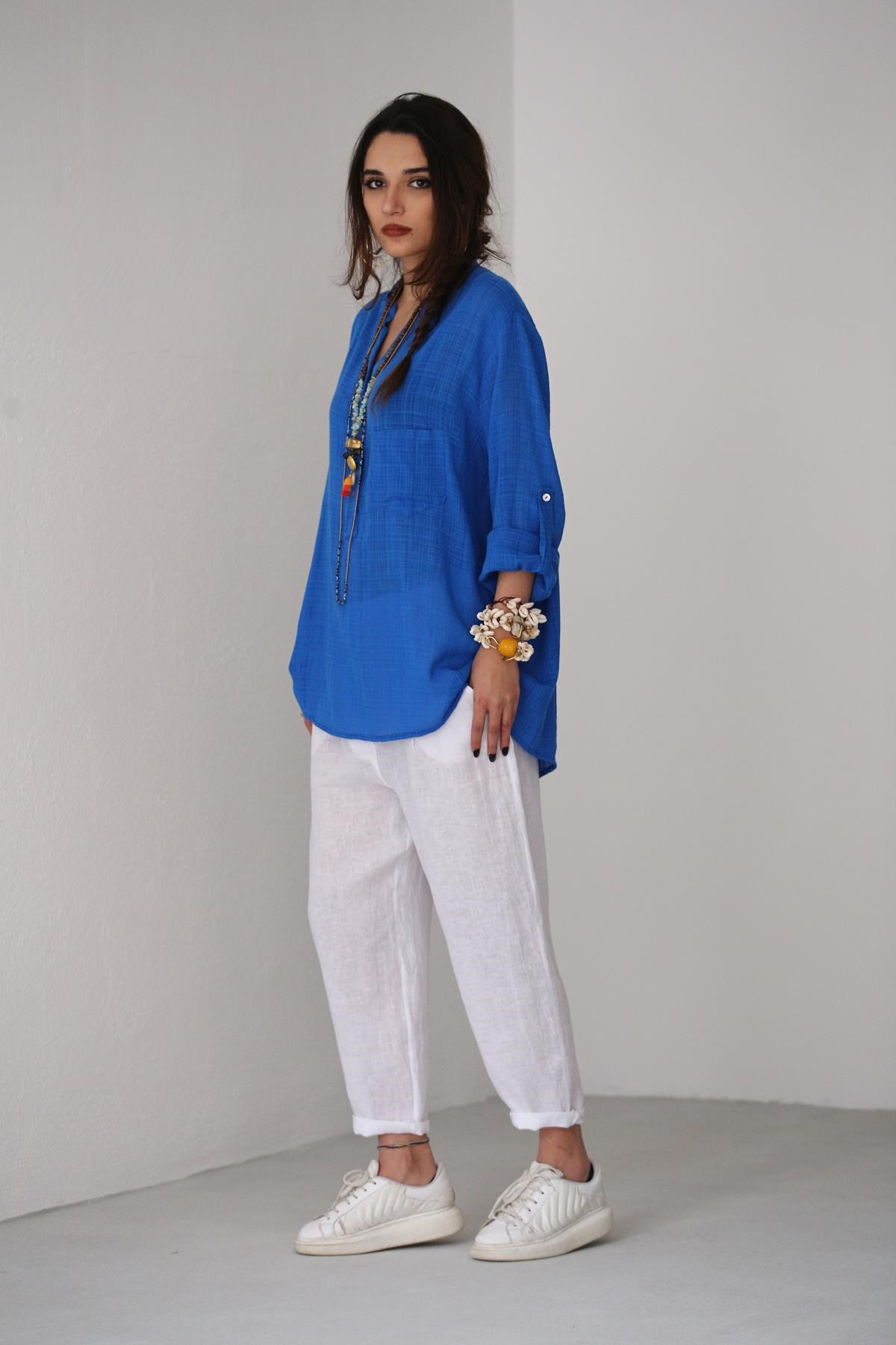 Saman Butik | Shop Online Dark Blue Mandarin Collar Half Buttoned Shirt