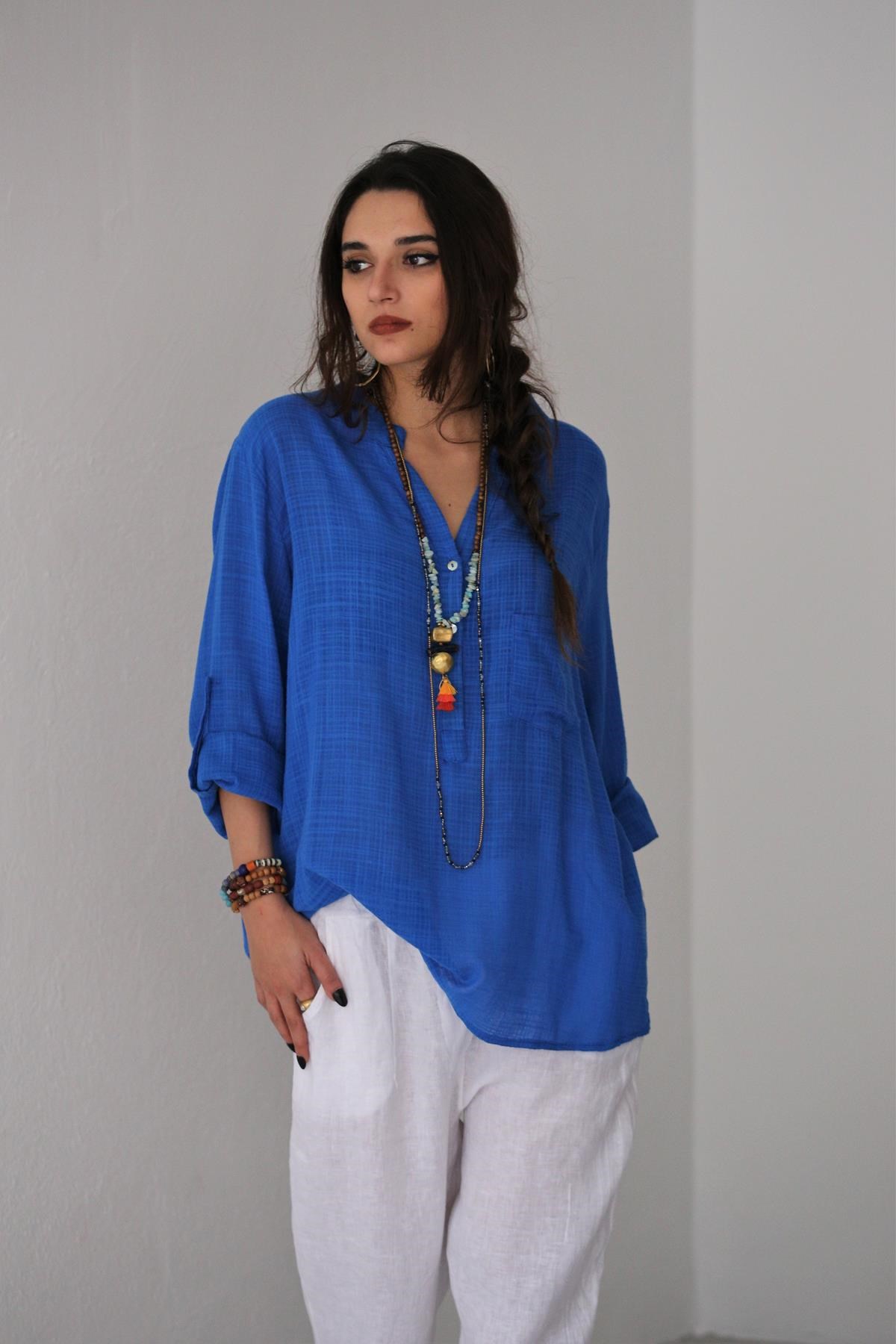 Saman Butik | Shop Online Dark Blue Mandarin Collar Half Buttoned Shirt