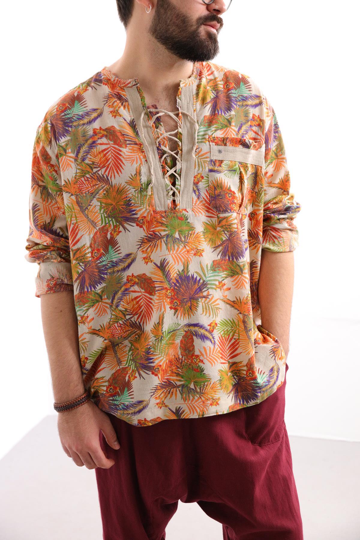 Saman Butik | Shop Online Cream Patterned Bohemian Men's Shirt with Lace-Up Collar