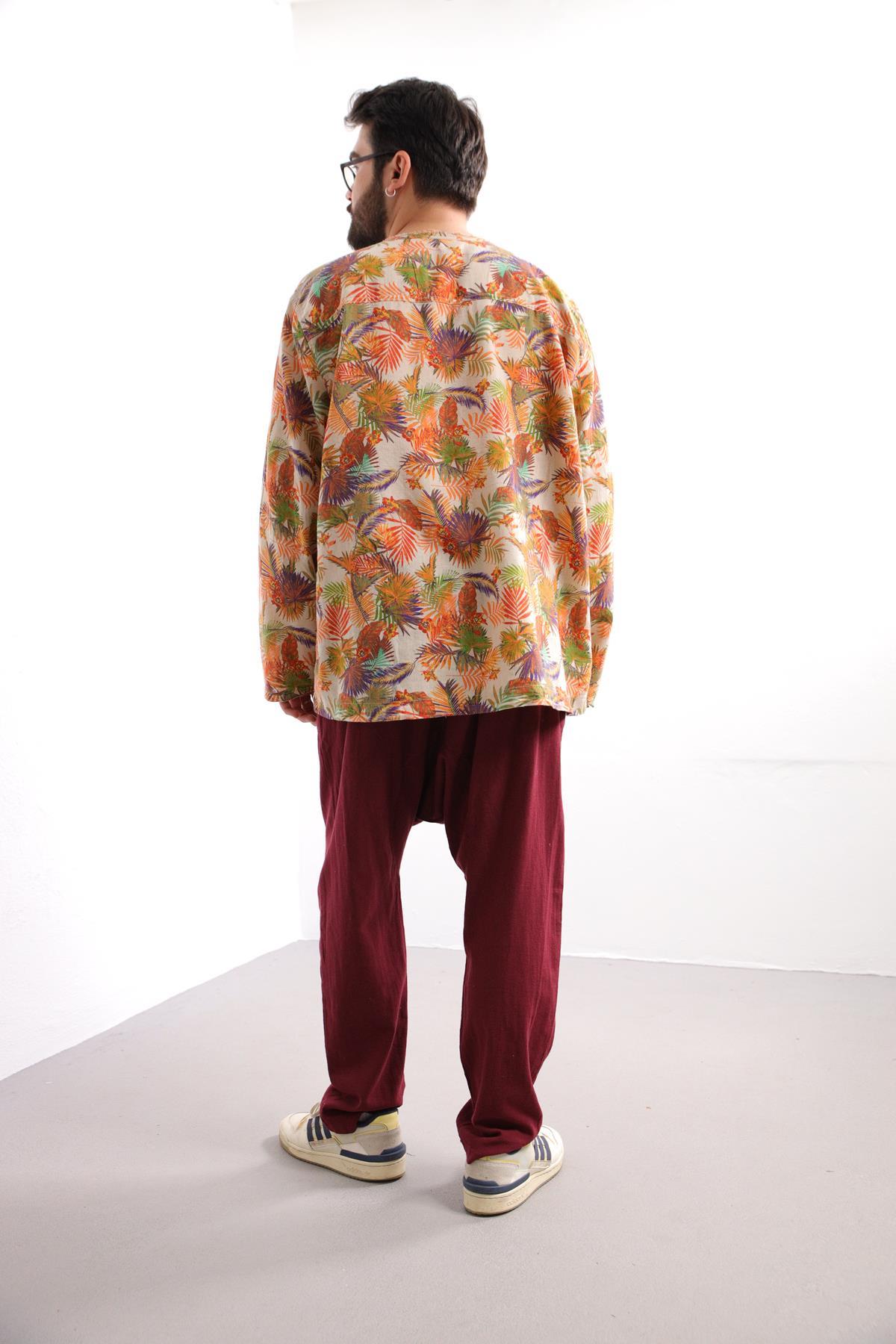 Saman Butik | Shop Online Cream Patterned Bohemian Men's Shirt with Lace-Up Collar