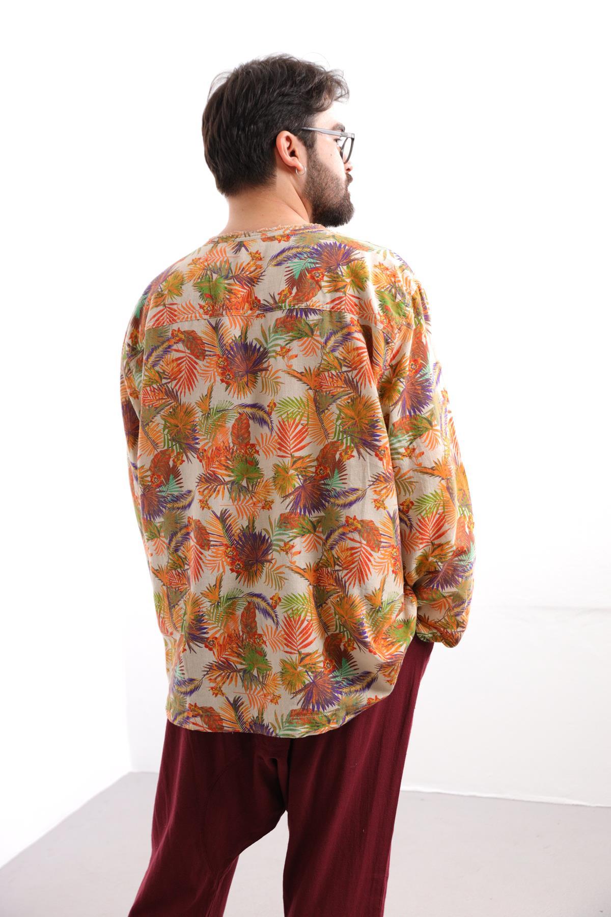 Saman Butik | Shop Online Cream Patterned Bohemian Men's Shirt with Lace-Up Collar