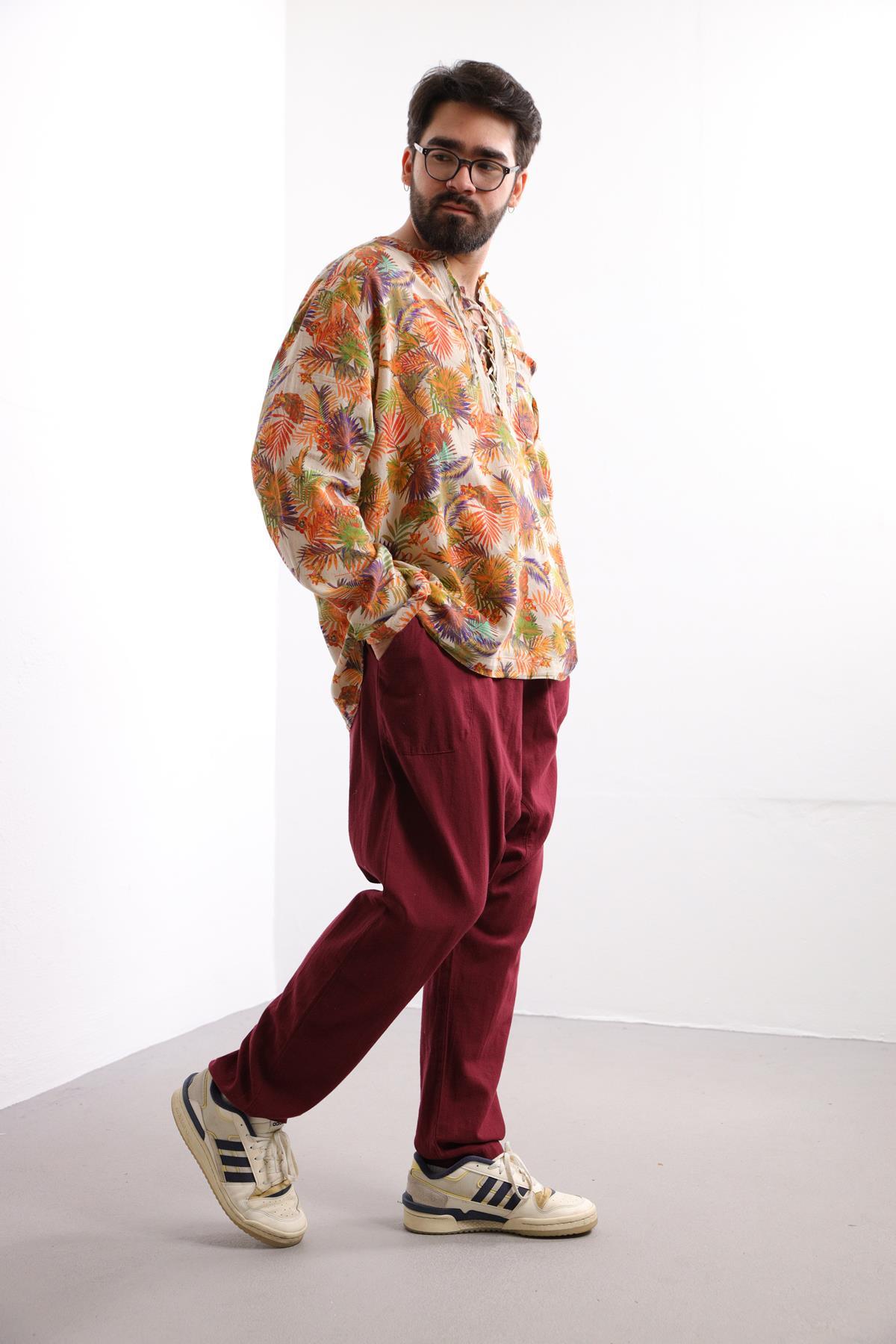 Saman Butik | Shop Online Cream Patterned Bohemian Men's Shirt with Lace-Up Collar