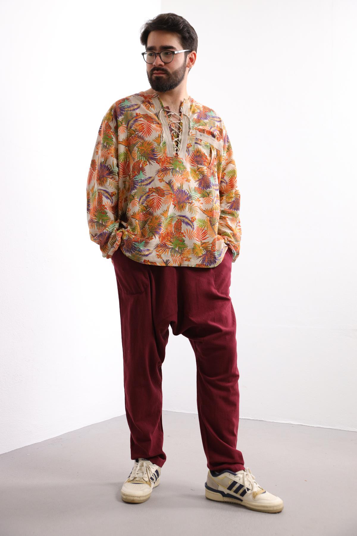 Saman Butik | Shop Online Cream Patterned Bohemian Men's Shirt with Lace-Up Collar