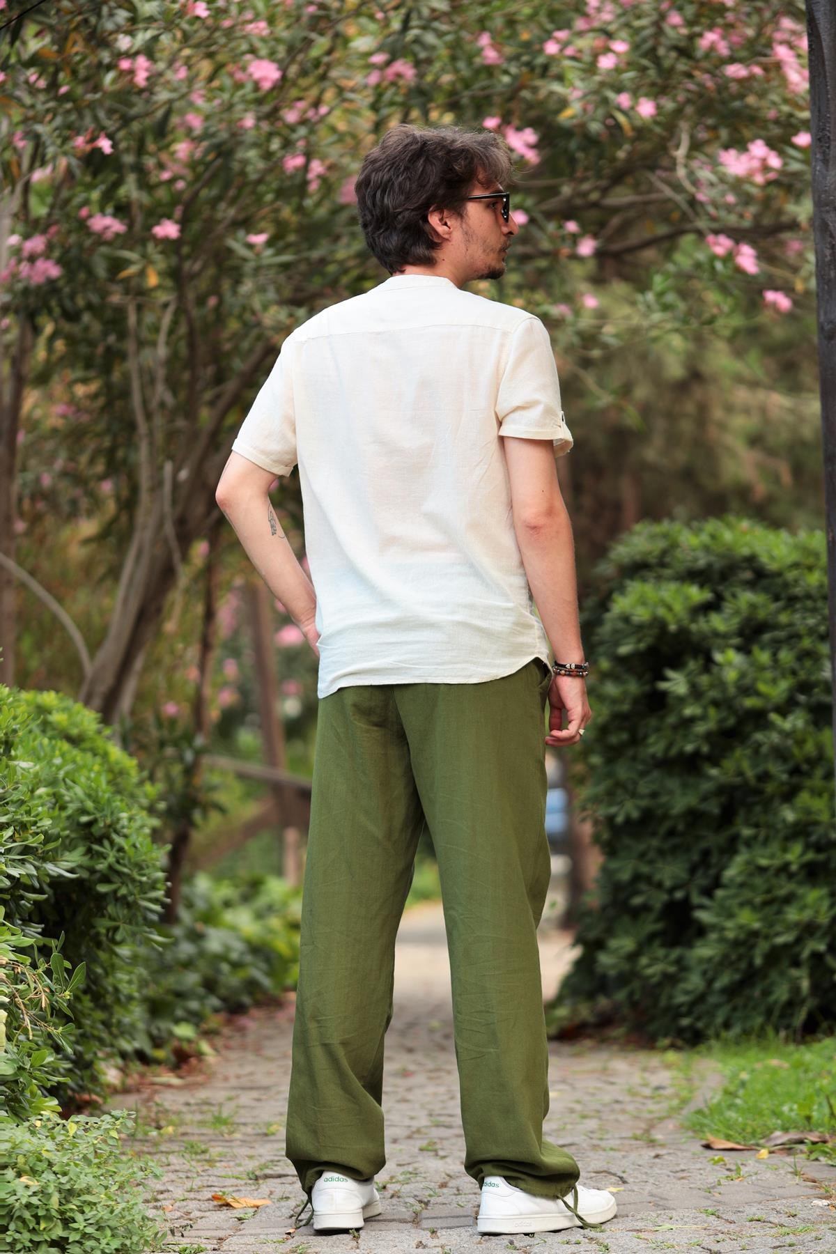 Cream Buttoned Short Sleeve Mandarin Collar Men's Shirt - Saman Butik | Shop Online Cream Buttoned Short Sleeve Mandarin Collar Men's Shirt