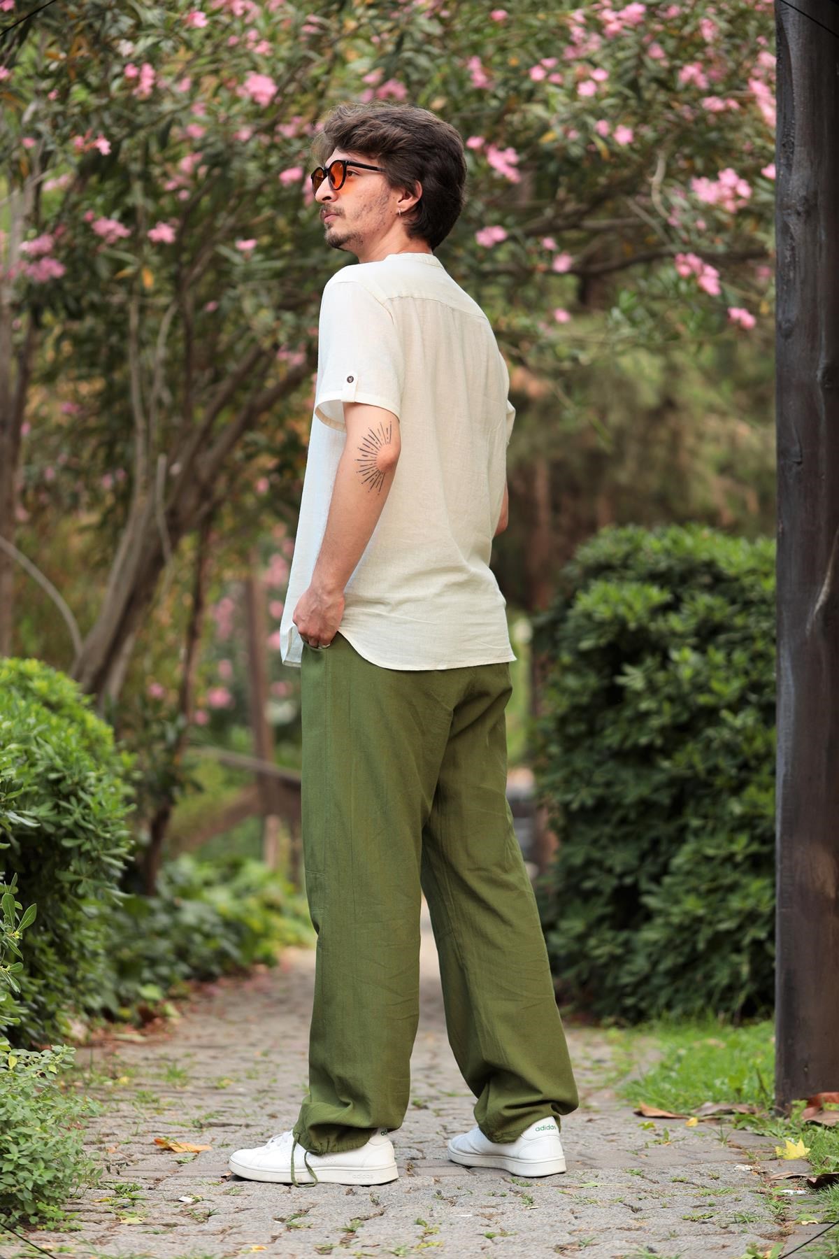 Cream Buttoned Short Sleeve Mandarin Collar Men's Shirt - Saman Butik | Shop Online Cream Buttoned Short Sleeve Mandarin Collar Men's Shirt