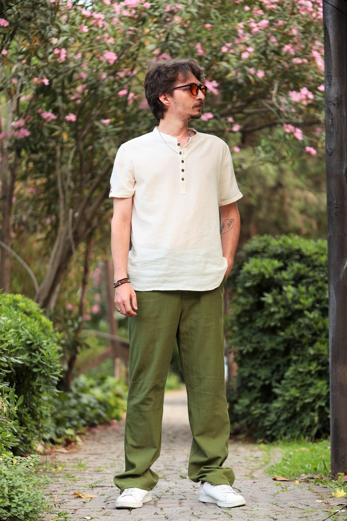 Cream Buttoned Short Sleeve Mandarin Collar Men's Shirt - Saman Butik | Shop Online Cream Buttoned Short Sleeve Mandarin Collar Men's Shirt