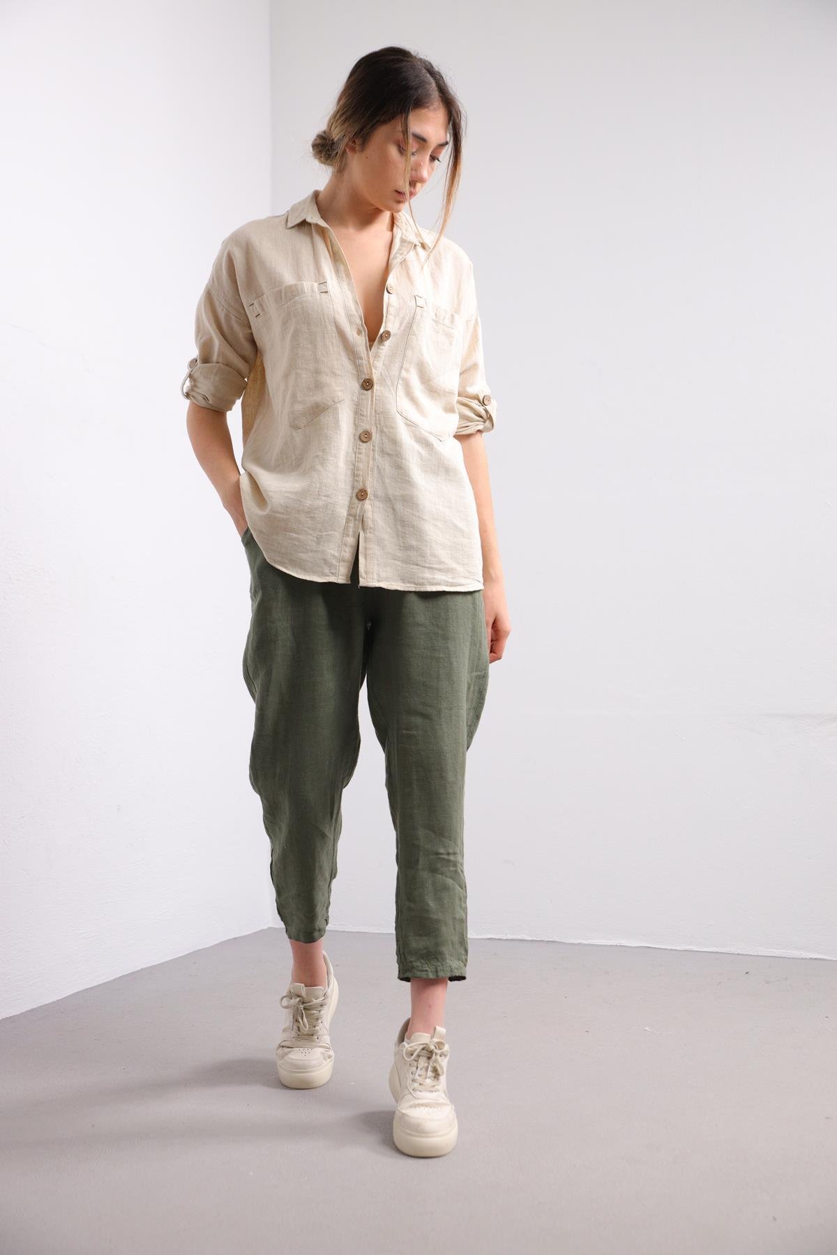  Krem Rengi Büyük Cepli Gömlek