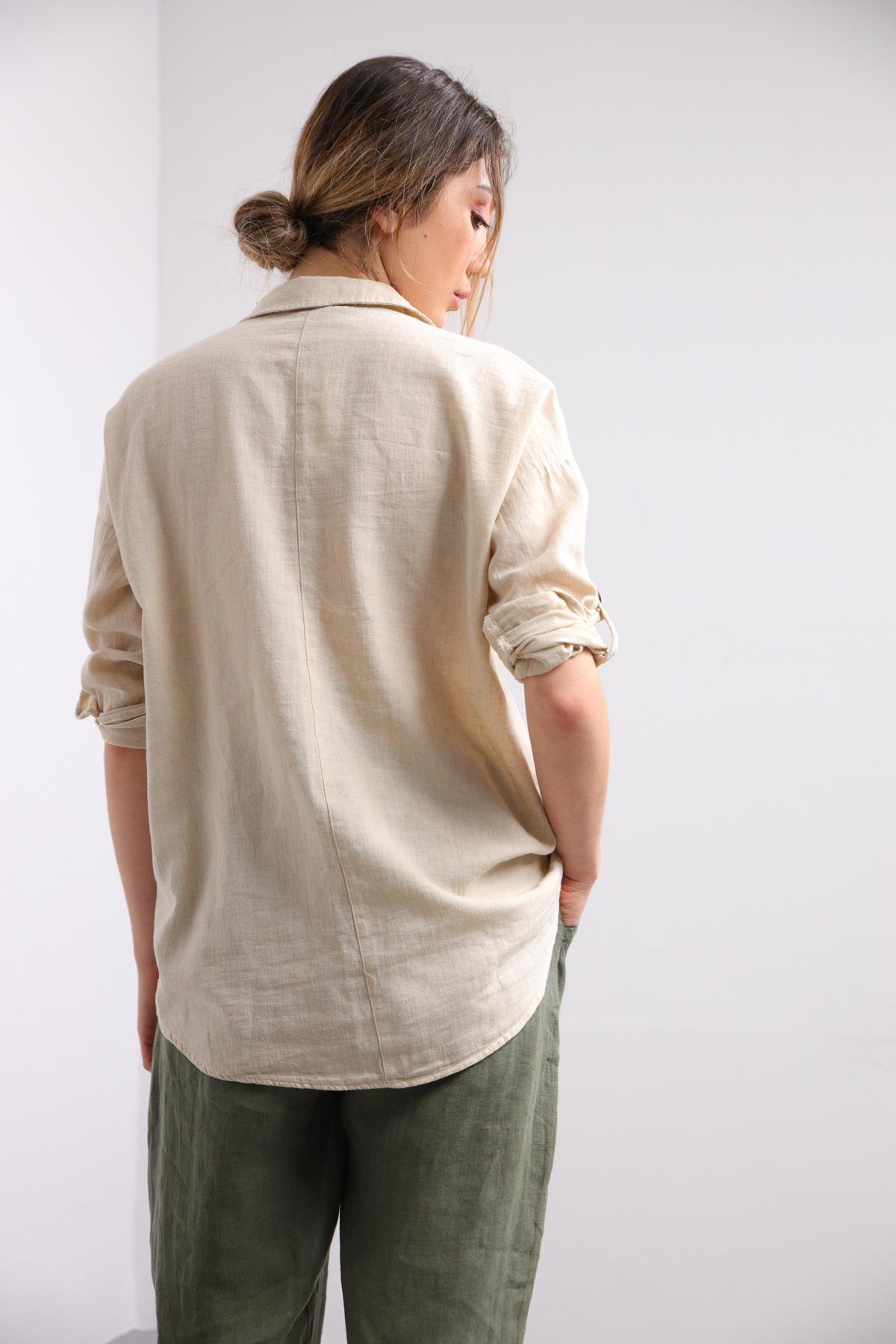  Krem Rengi Büyük Cepli Gömlek