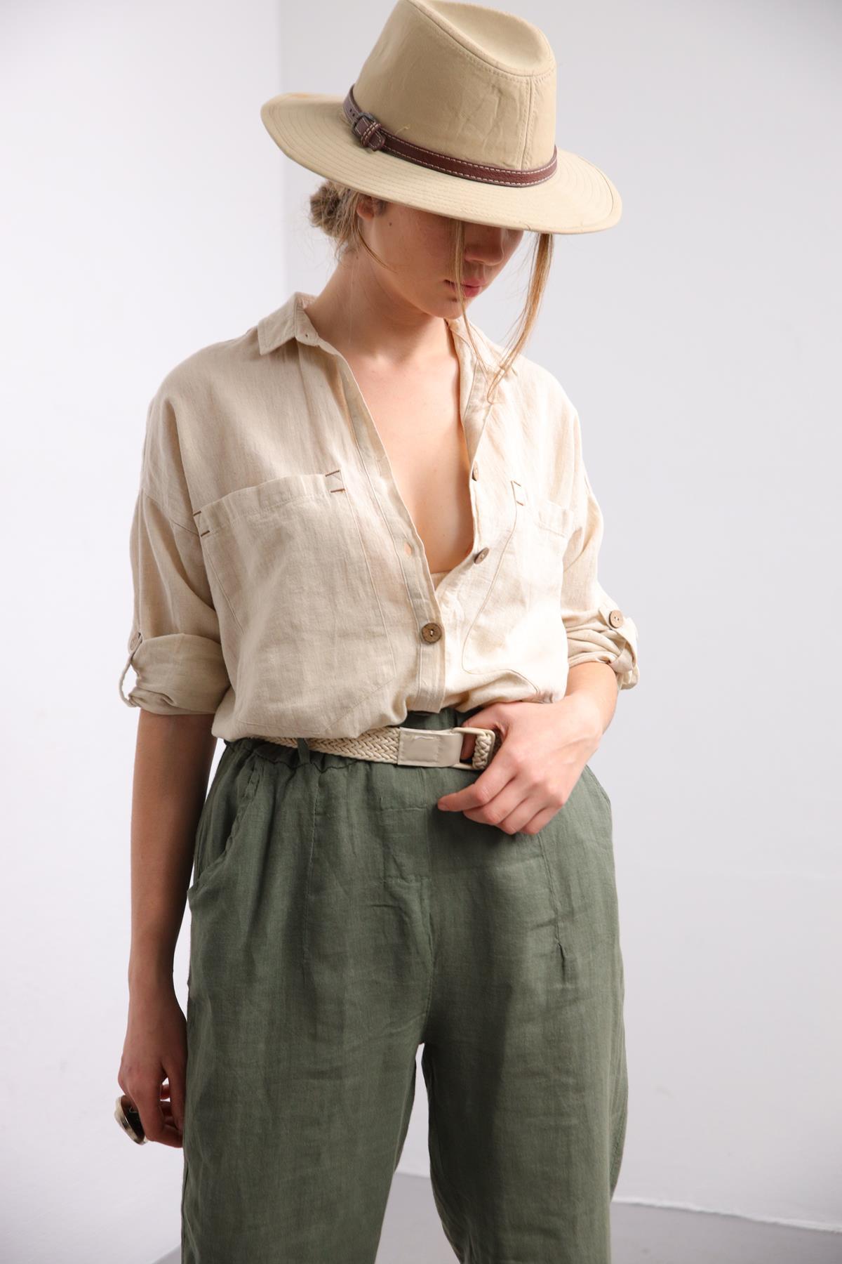  Krem Rengi Büyük Cepli Gömlek