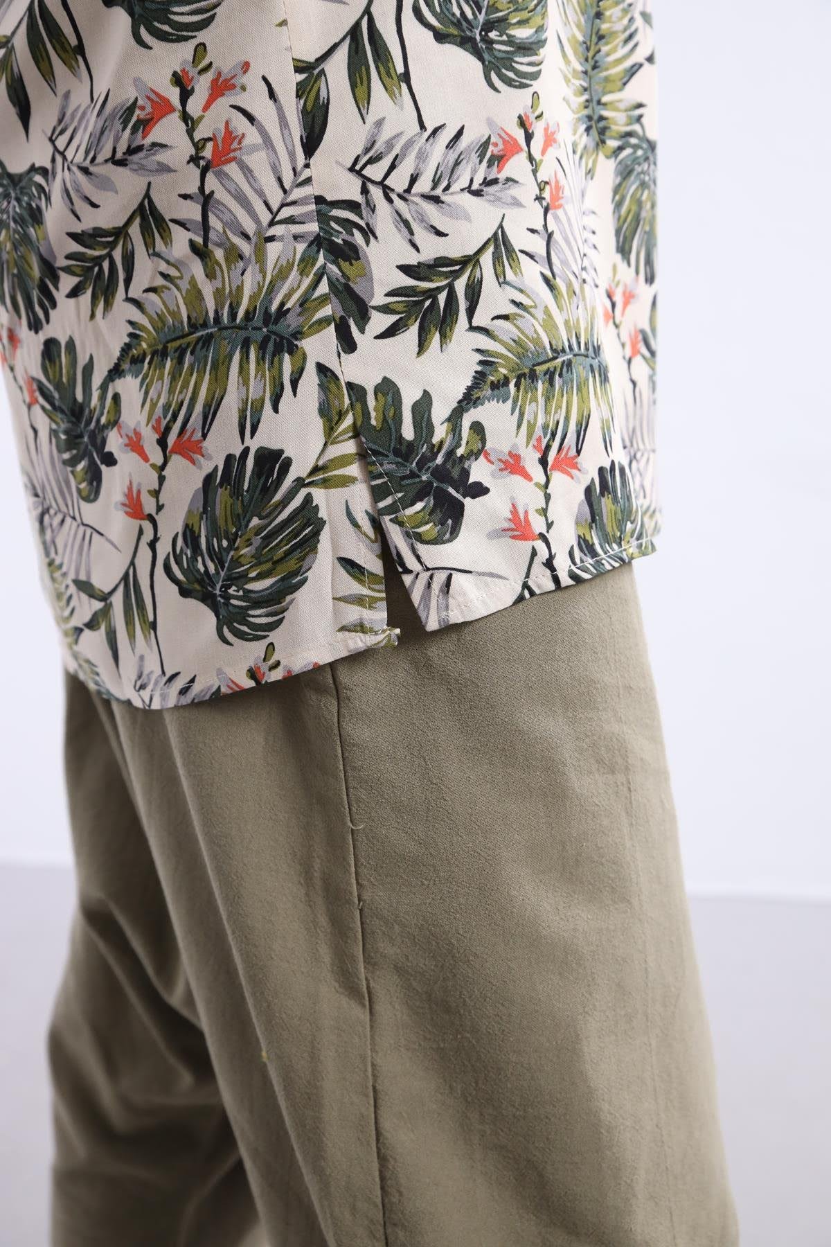 Cream Leaf Patterned Short Sleeve Shirt - Şaman Butik | Boho Fashion Cream Leaf Patterned Short Sleeve Shirt