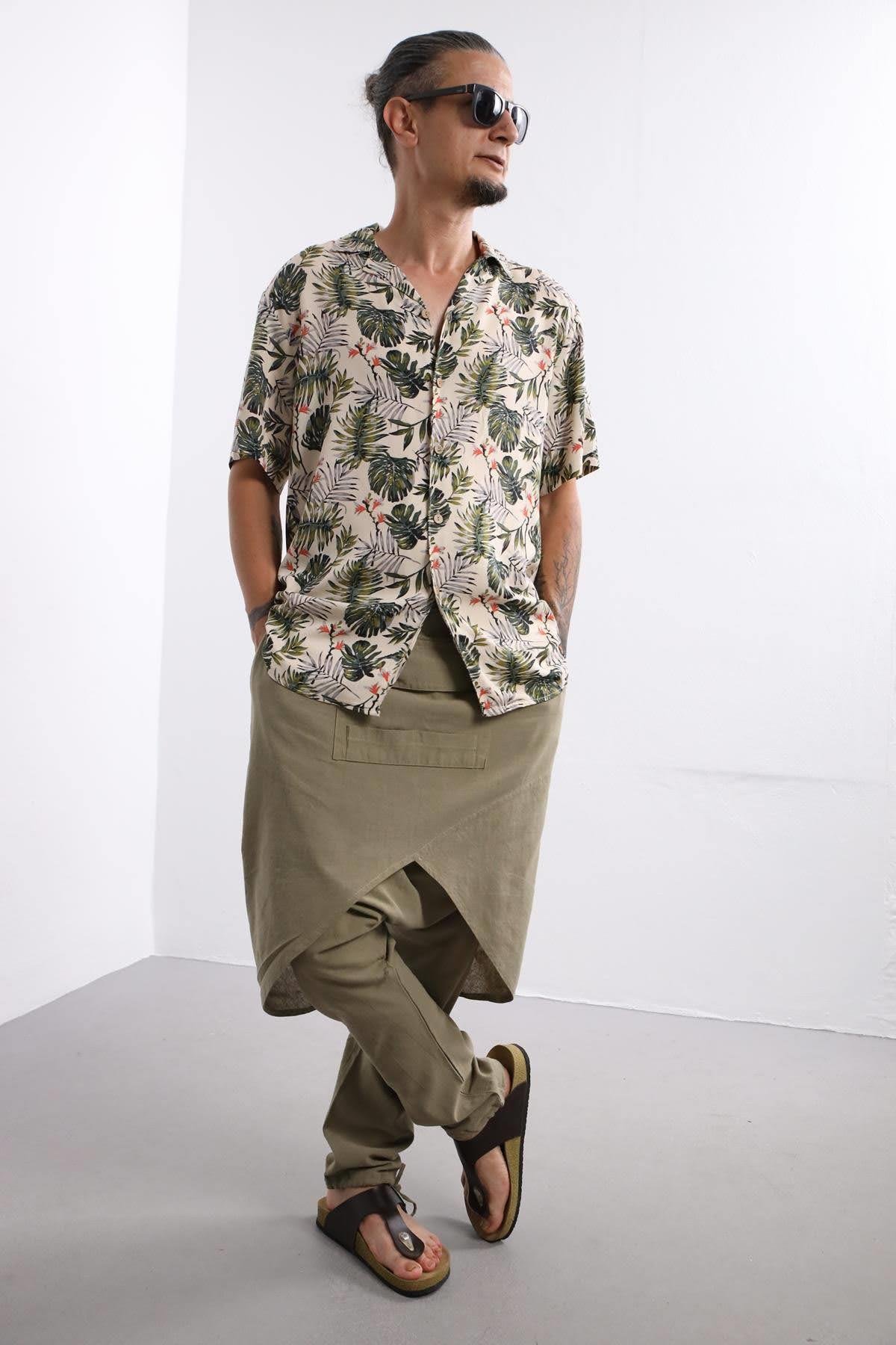 Cream Leaf Patterned Short Sleeve Shirt - Şaman Butik | Boho Fashion Cream Leaf Patterned Short Sleeve Shirt