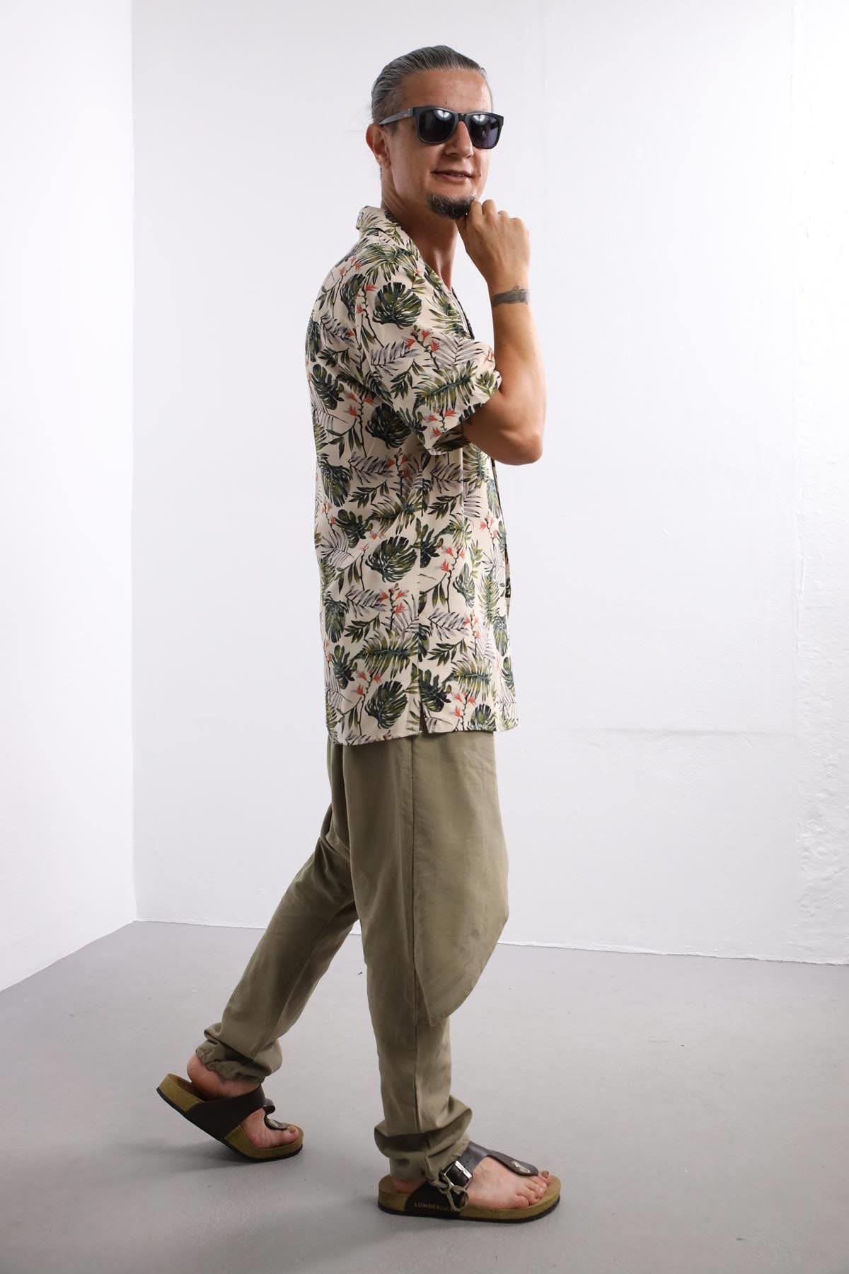 Cream Leaf Patterned Short Sleeve Shirt - Şaman Butik | Boho Fashion Cream Leaf Patterned Short Sleeve Shirt