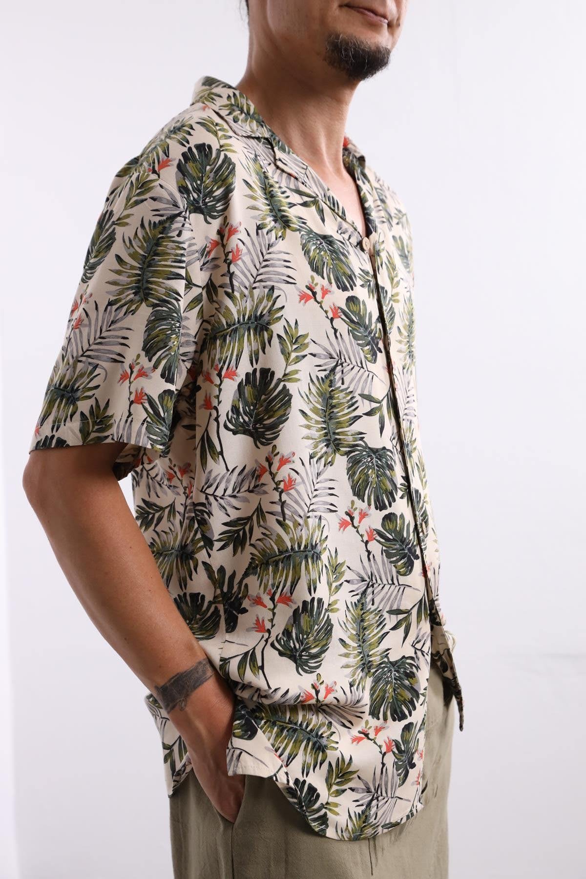 Cream Leaf Patterned Short Sleeve Shirt - Şaman Butik | Boho Fashion Cream Leaf Patterned Short Sleeve Shirt