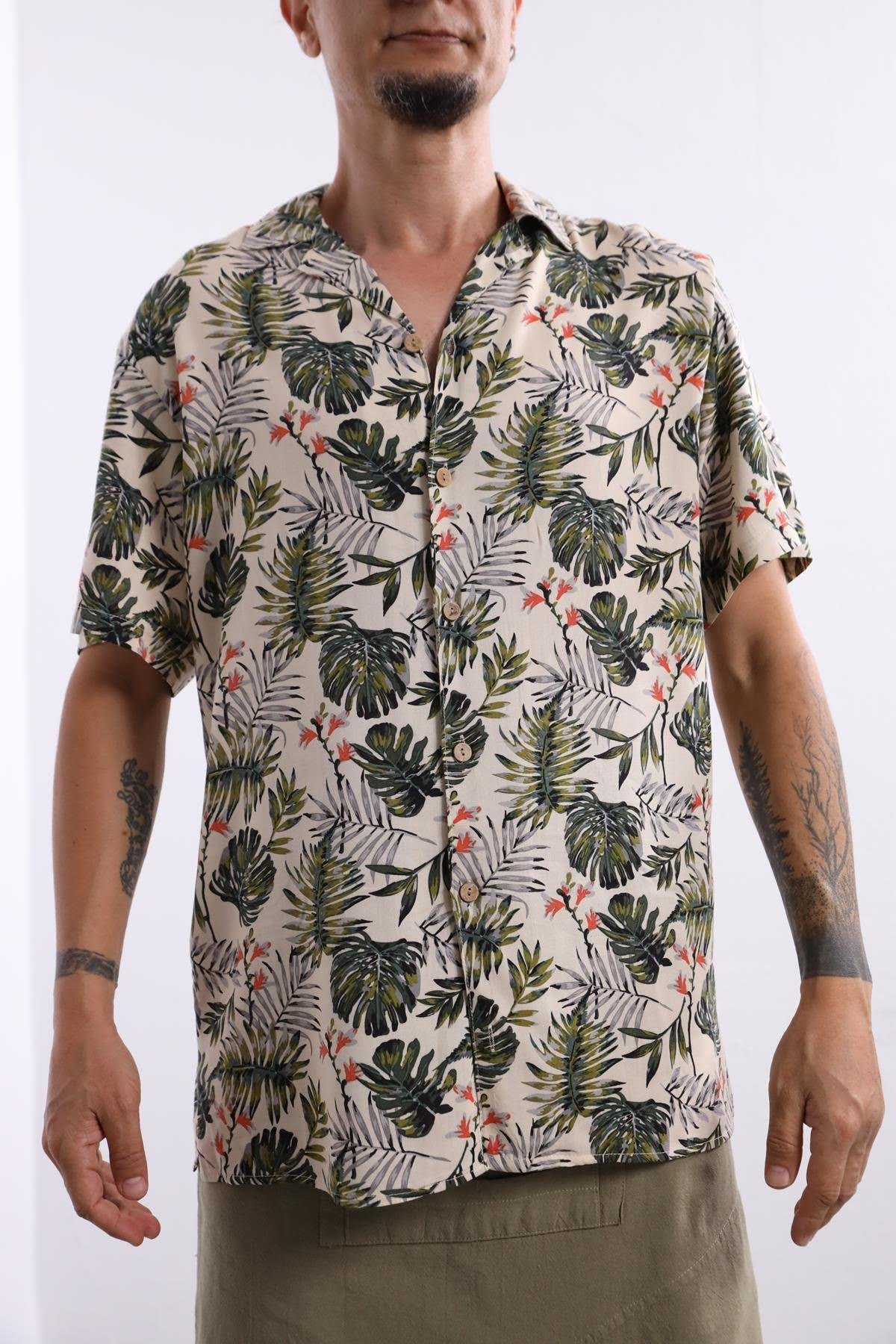 Cream Leaf Patterned Short Sleeve Shirt - Şaman Butik | Boho Fashion Cream Leaf Patterned Short Sleeve Shirt