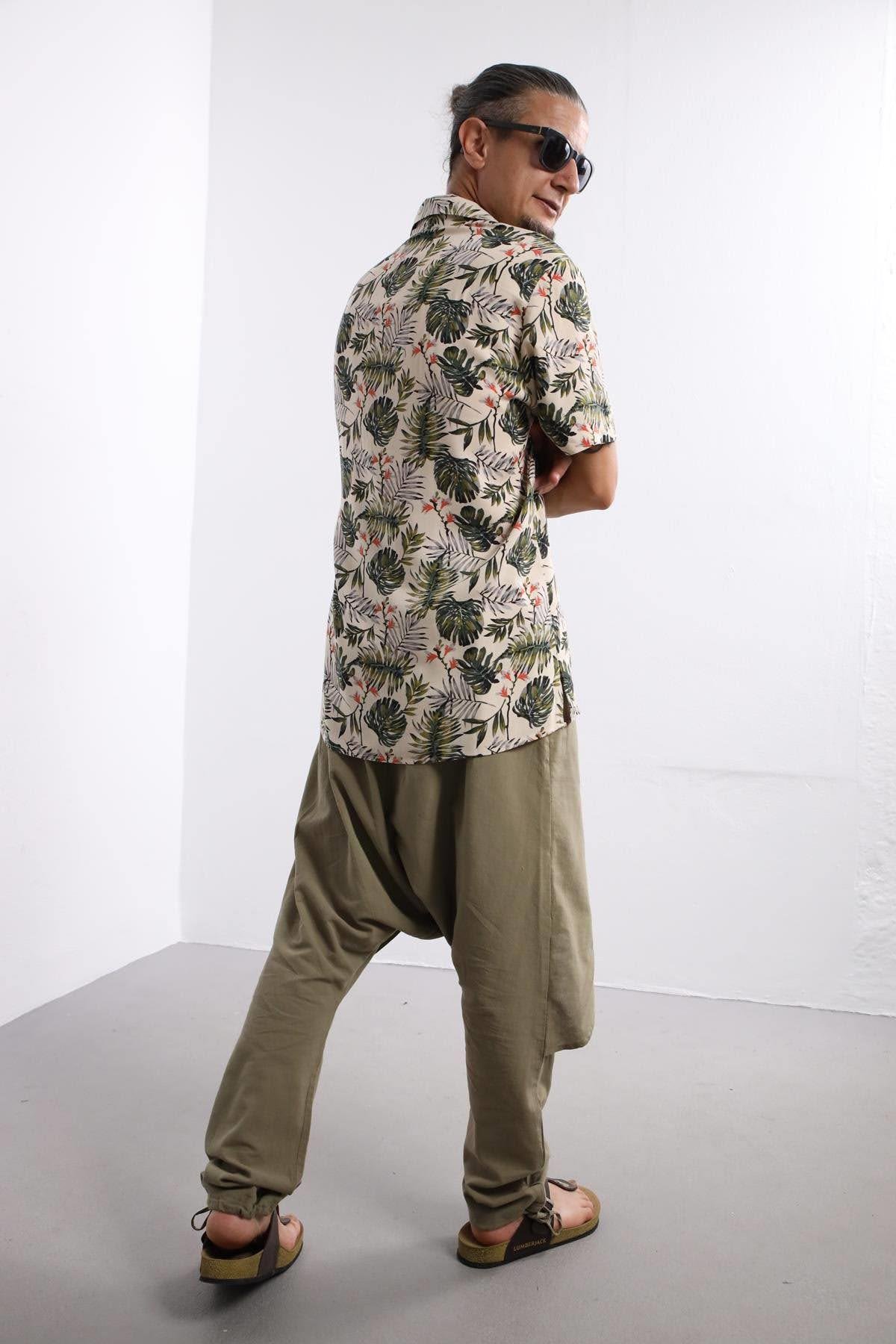 Cream Leaf Patterned Short Sleeve Shirt - Şaman Butik | Boho Fashion Cream Leaf Patterned Short Sleeve Shirt