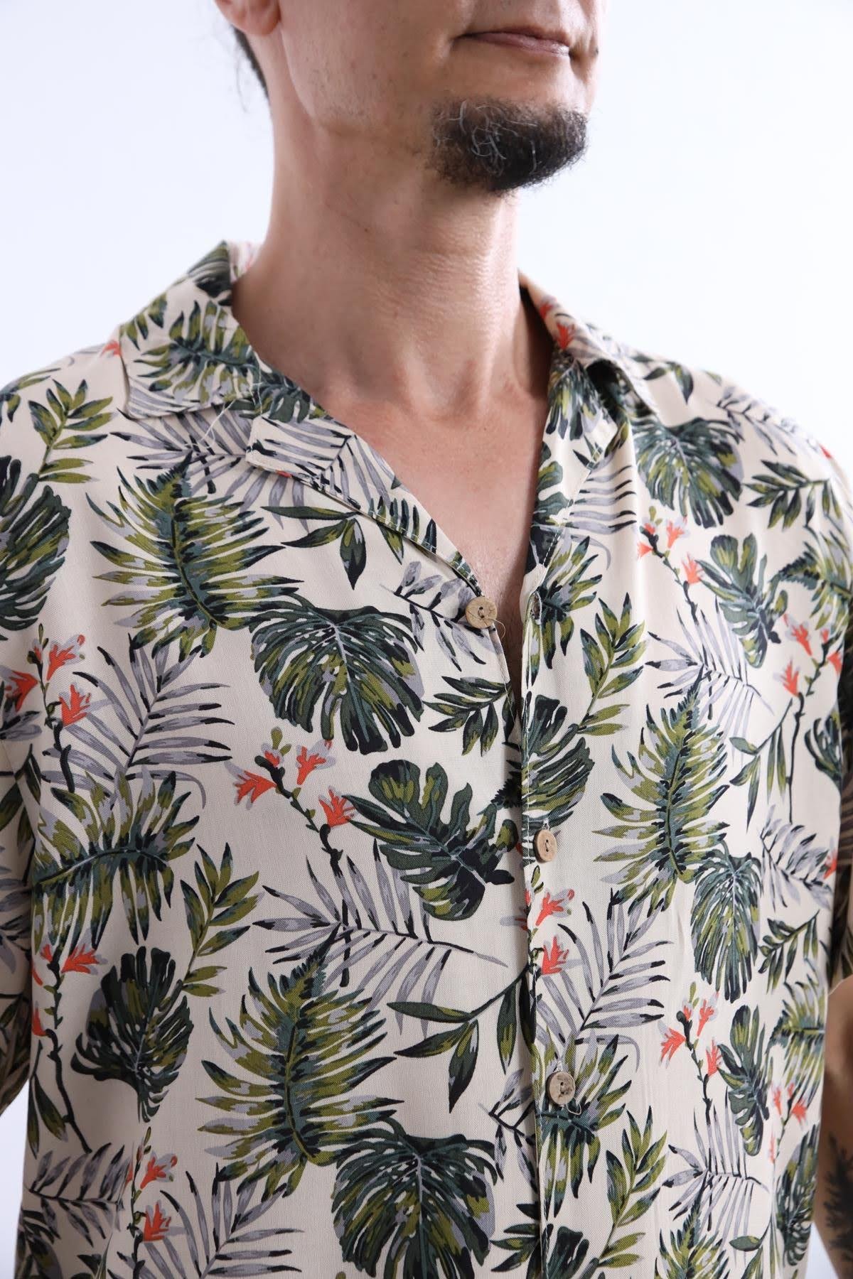 Cream Leaf Patterned Short Sleeve Shirt - Şaman Butik | Boho Fashion Cream Leaf Patterned Short Sleeve Shirt