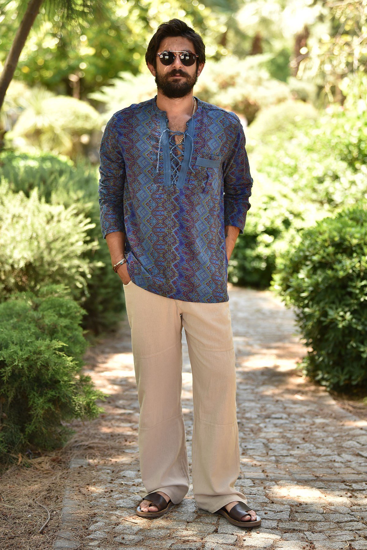 Mavi Desenli Yakası Bağcıklı Bohem Erkek Gömlek - Şaman Butik  - Online Alışveriş Sitesi | Kadın ve Erkek Giyim Mavi Desenli Yakası Bağcıklı Bohem Erkek Gömlek
