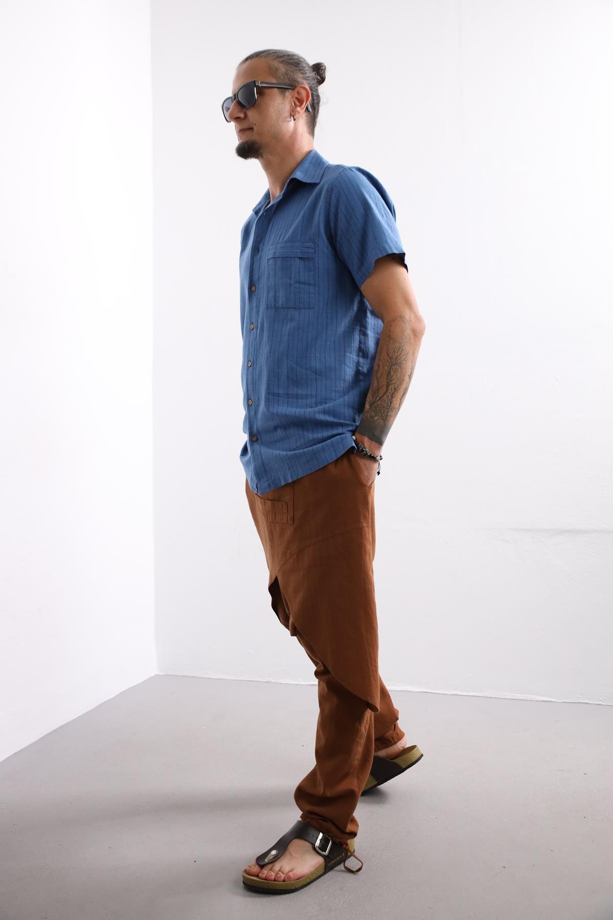  Mavi Rahat Kesim Çizgili Erkek Gömlek