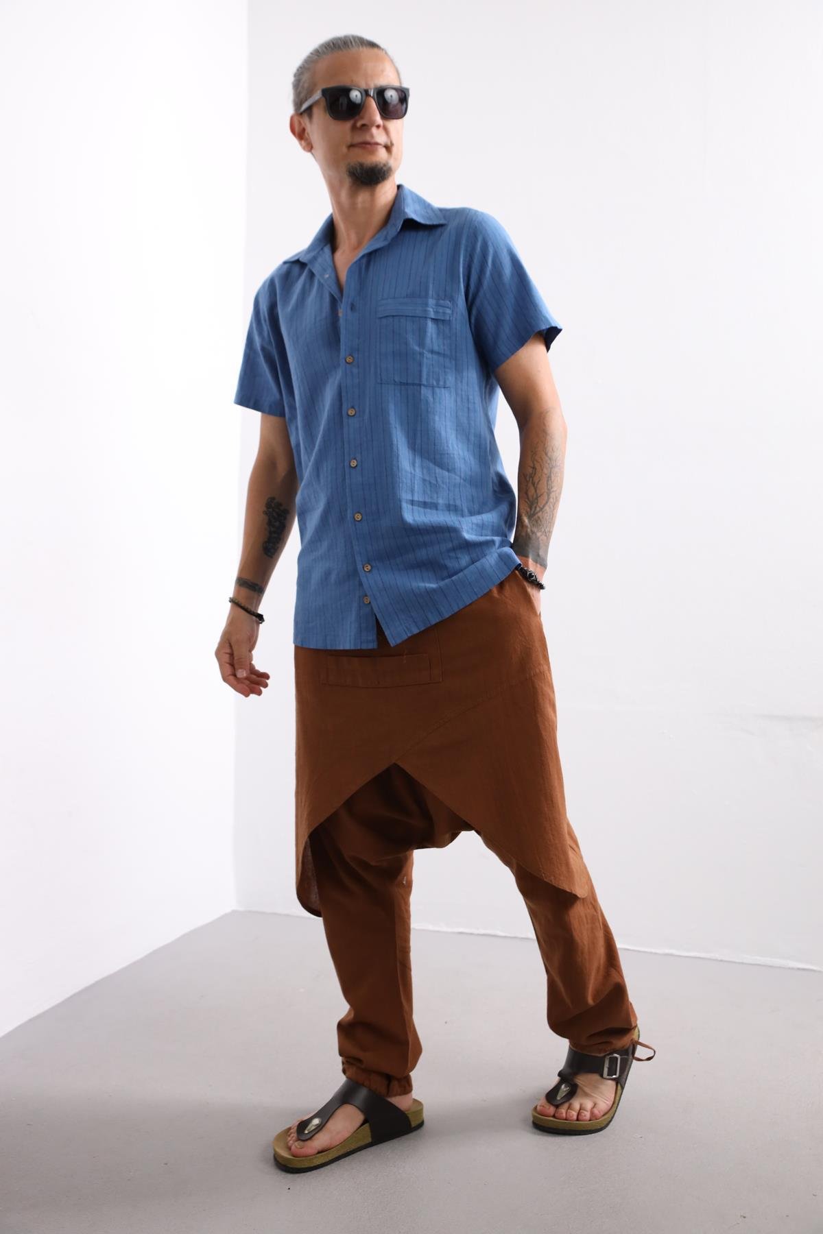  Mavi Rahat Kesim Çizgili Erkek Gömlek