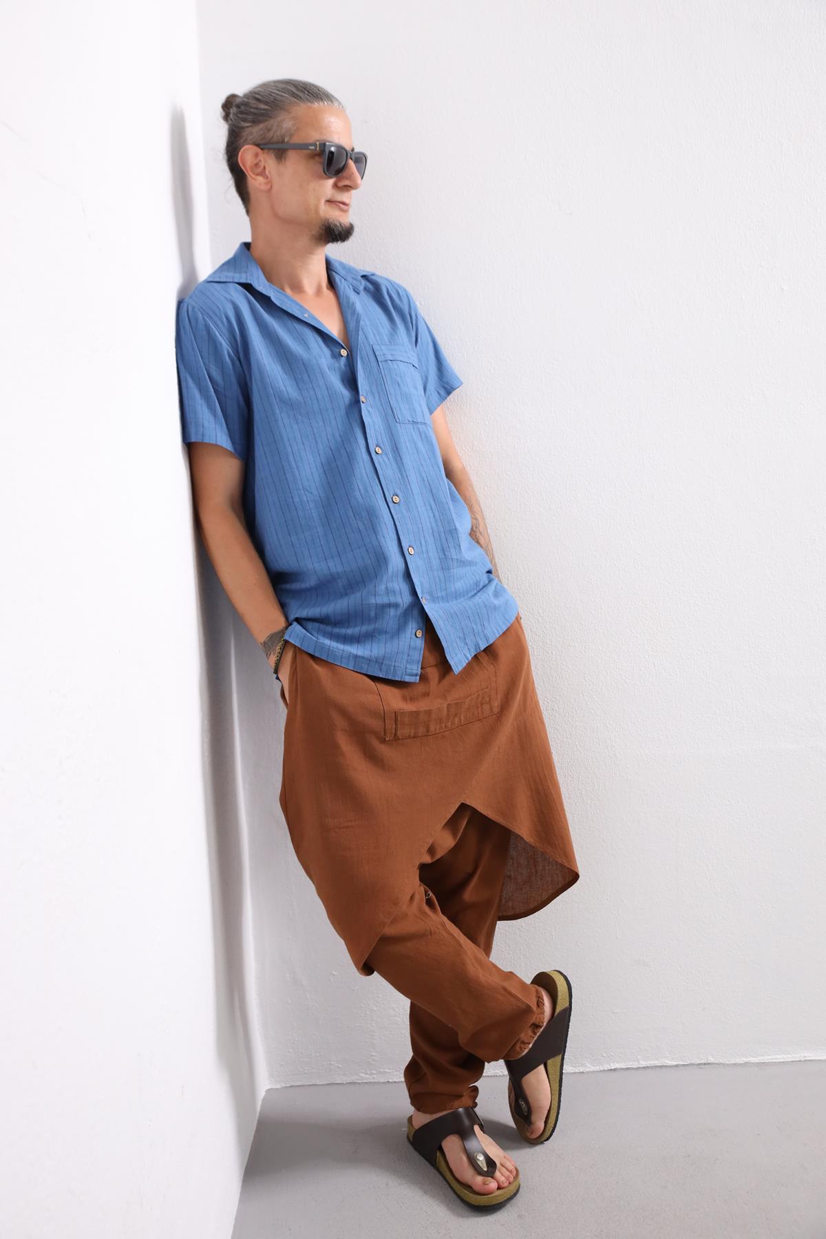  Mavi Rahat Kesim Çizgili Erkek Gömlek