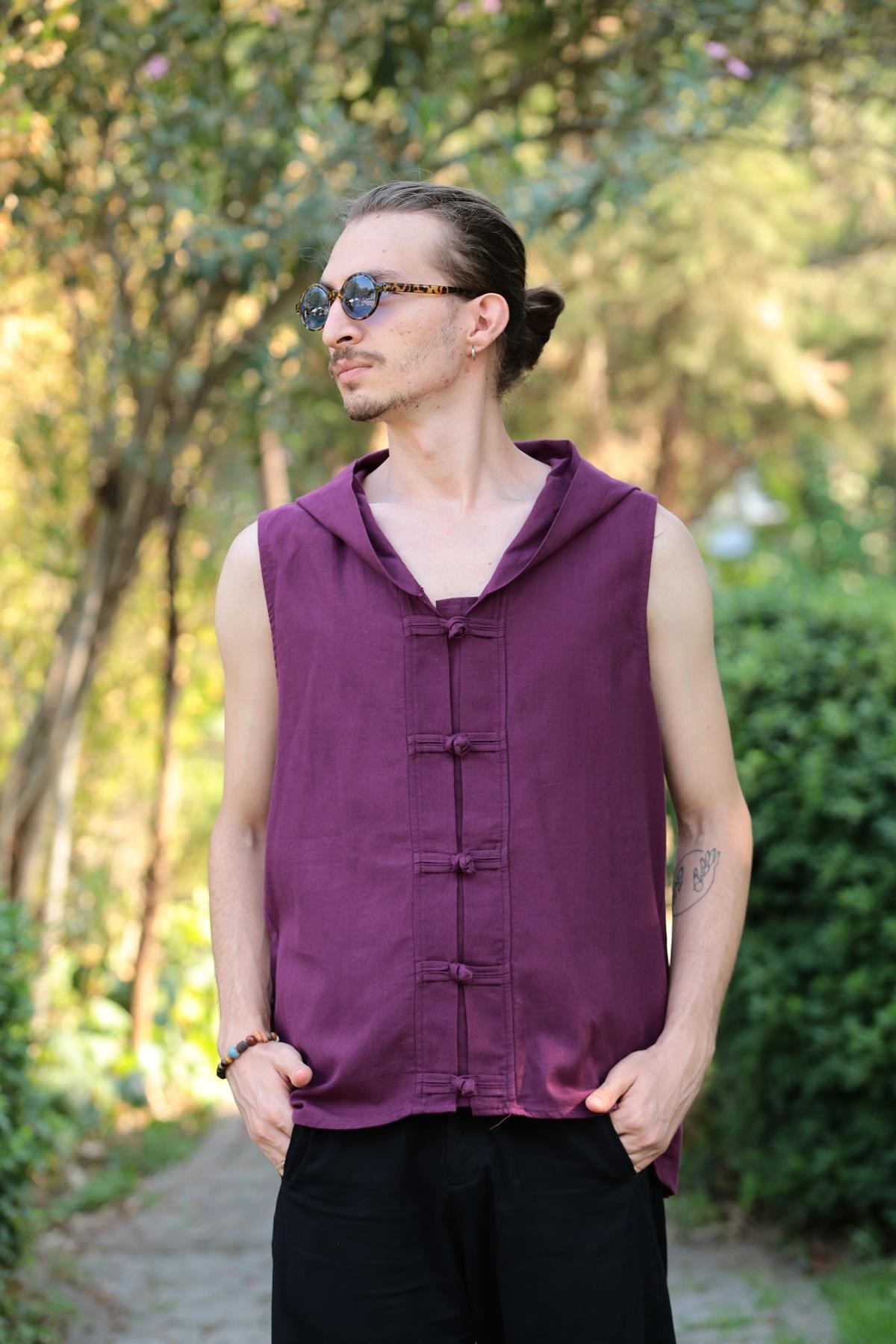 Mor Kapüşonlu Kolsuz Gömlek - Şaman Butik Mor Kapüşonlu Kolsuz Gömlek