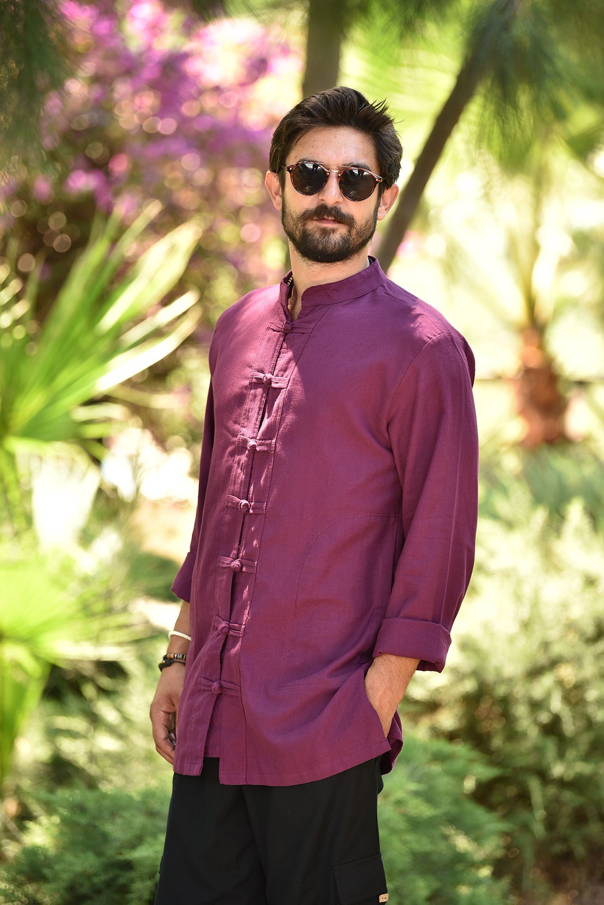 Mürdüm Renk Hakim Yaka Düğüm Düğme Gömlek - Şaman Butik Mürdüm Renk Hakim Yaka Düğüm Düğme Gömlek