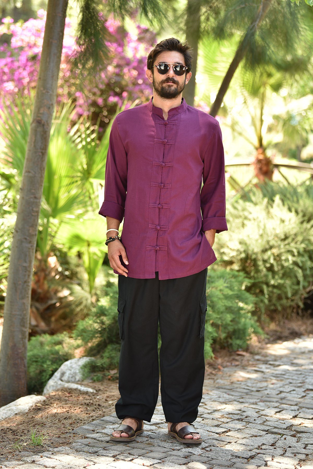 Mürdüm Renk Hakim Yaka Düğüm Düğme Gömlek - Şaman Butik Mürdüm Renk Hakim Yaka Düğüm Düğme Gömlek