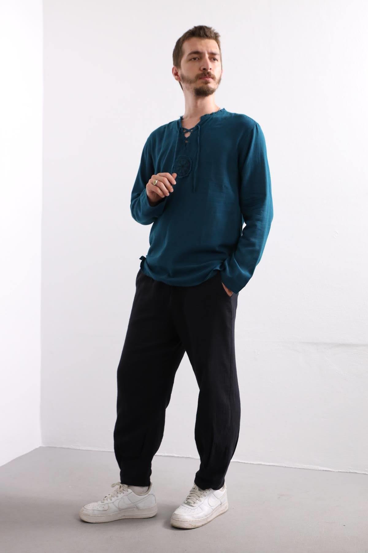 Petrol Green Mandala Pattern Men's Shirt - Saman Butik | Shop Online Petrol Green Mandala Pattern Men's Shirt