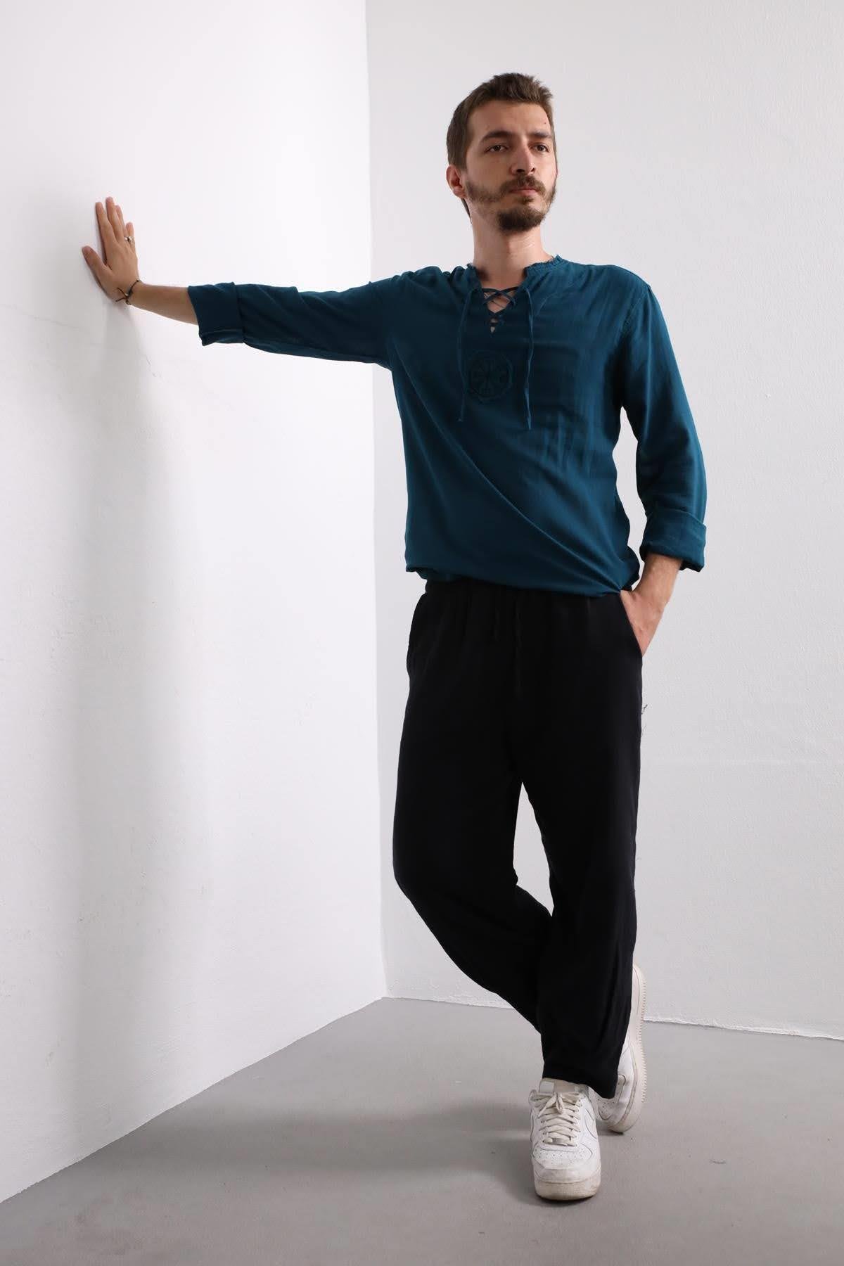 Petrol Green Mandala Pattern Men's Shirt - Saman Butik | Shop Online Petrol Green Mandala Pattern Men's Shirt