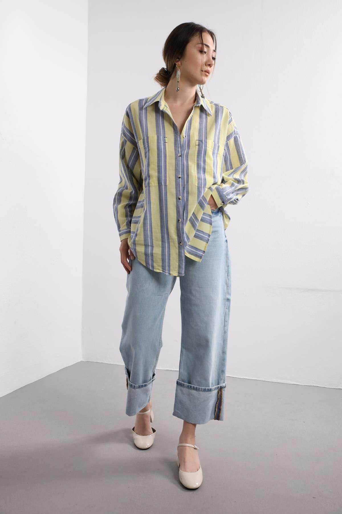  Sarı Mavi Çizgili Gömlek