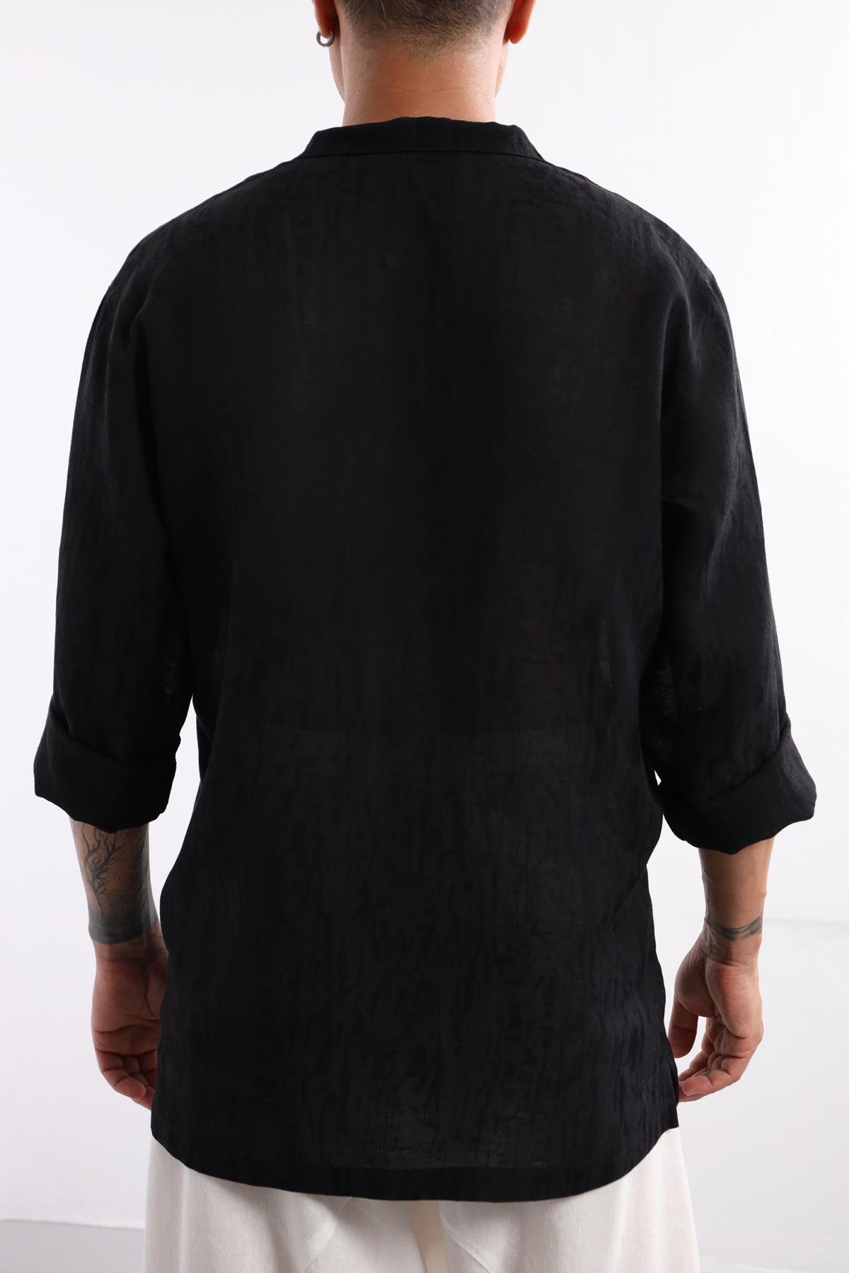  Siyah Desenli Asimetrik Kesim Keten Gömlek