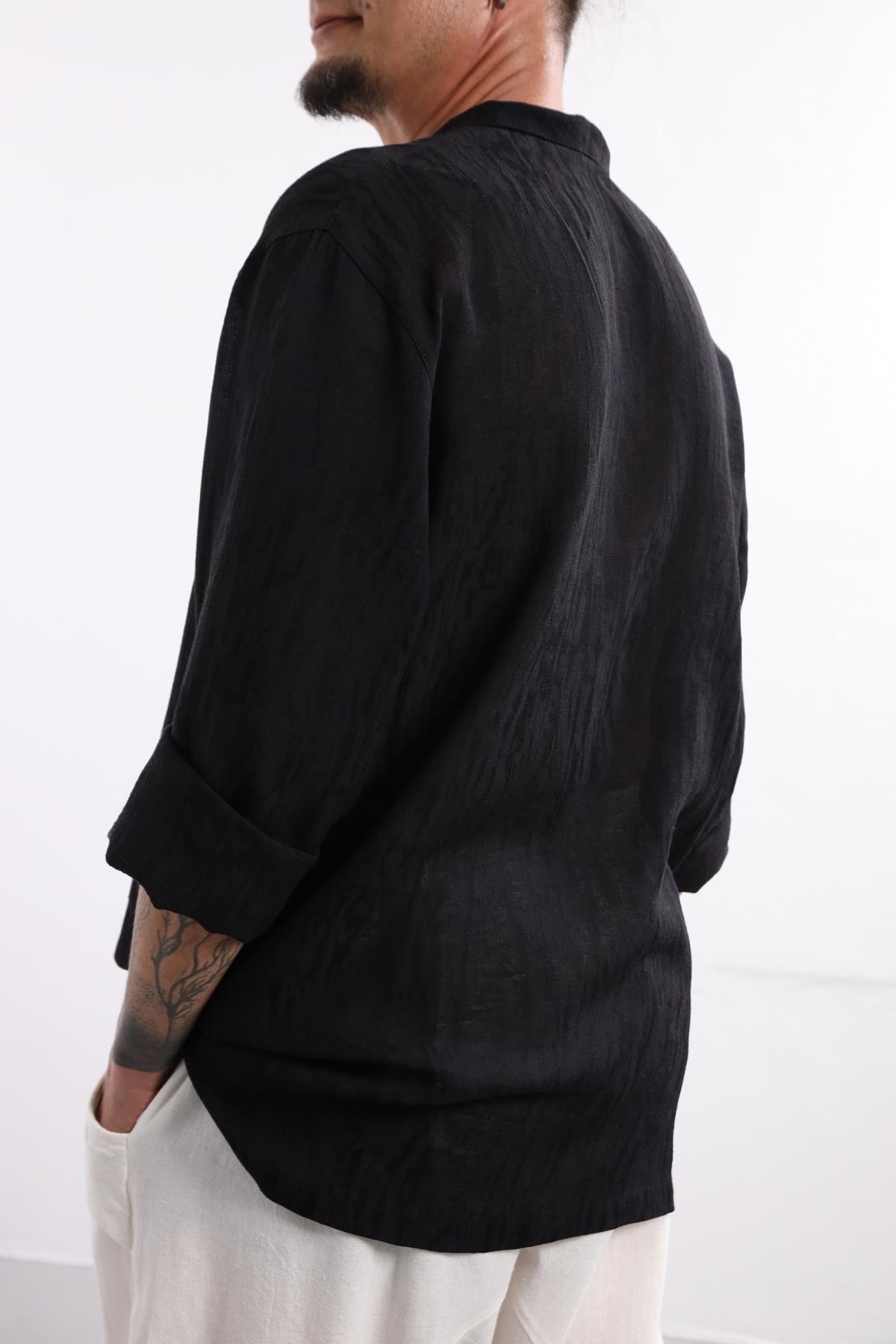  Siyah Desenli Asimetrik Kesim Keten Gömlek