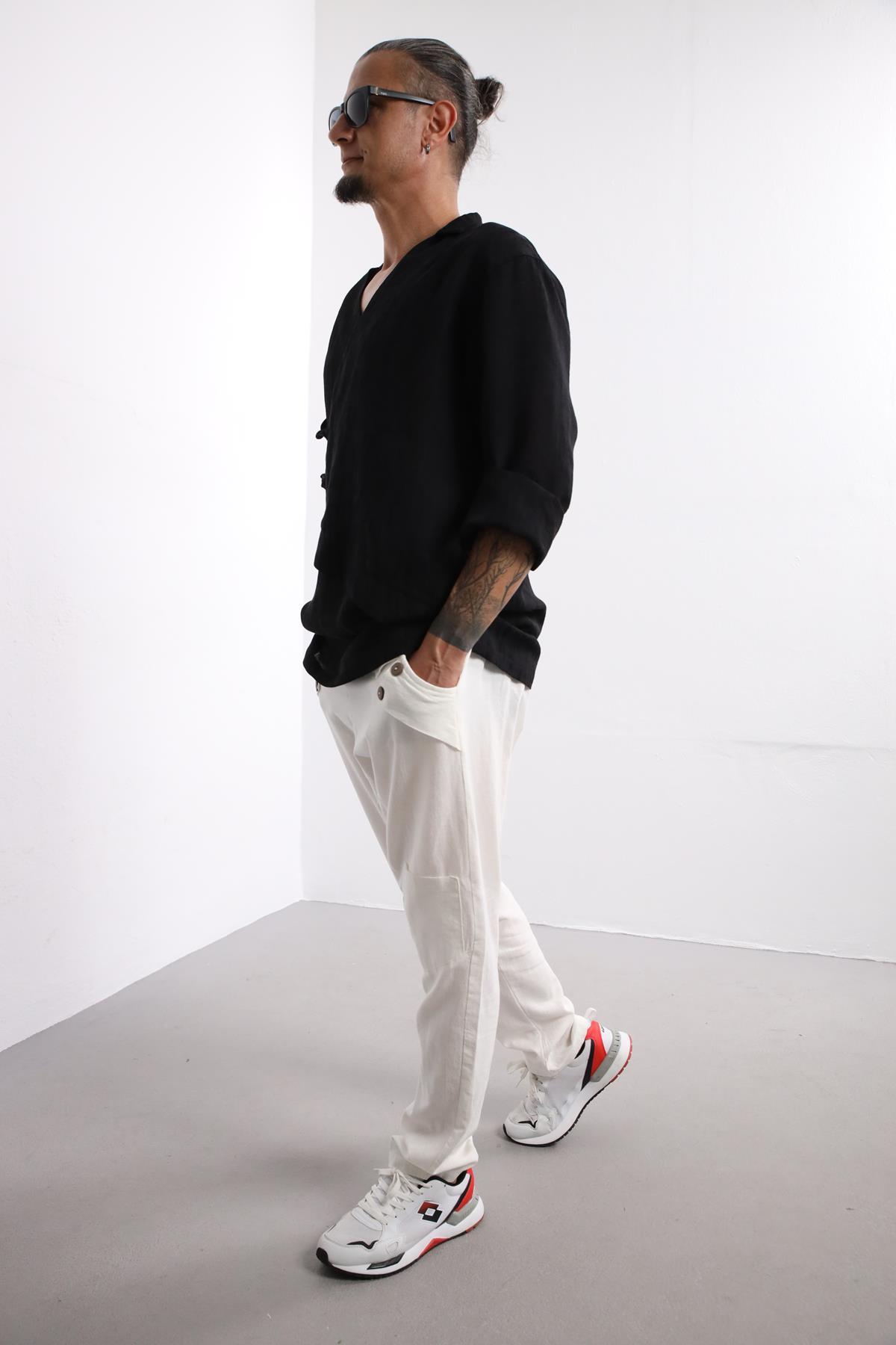  Siyah Desenli Asimetrik Kesim Keten Gömlek