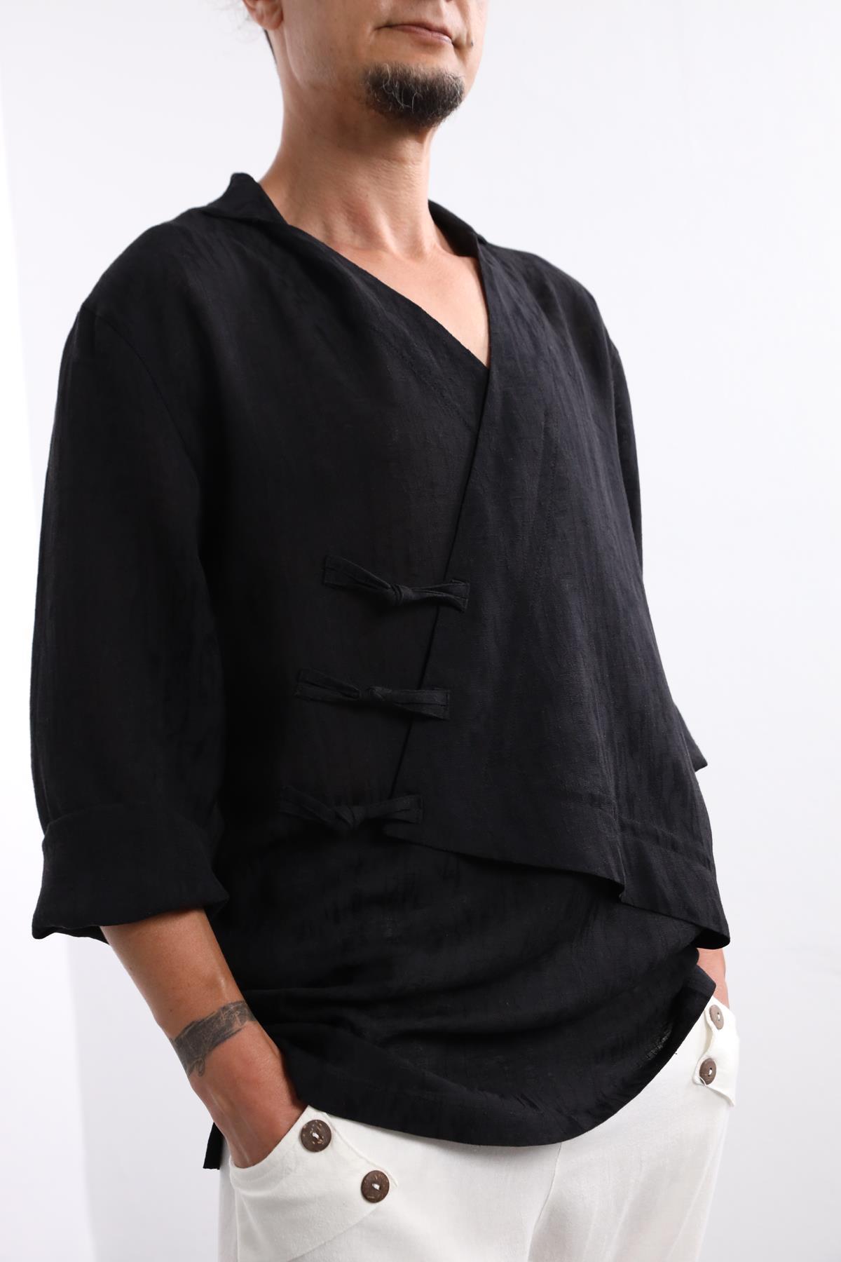  Siyah Desenli Asimetrik Kesim Keten Gömlek