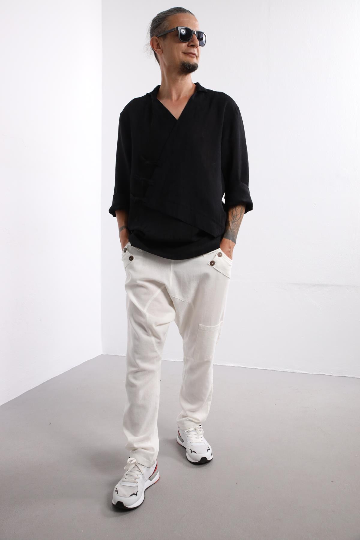  Siyah Desenli Asimetrik Kesim Keten Gömlek