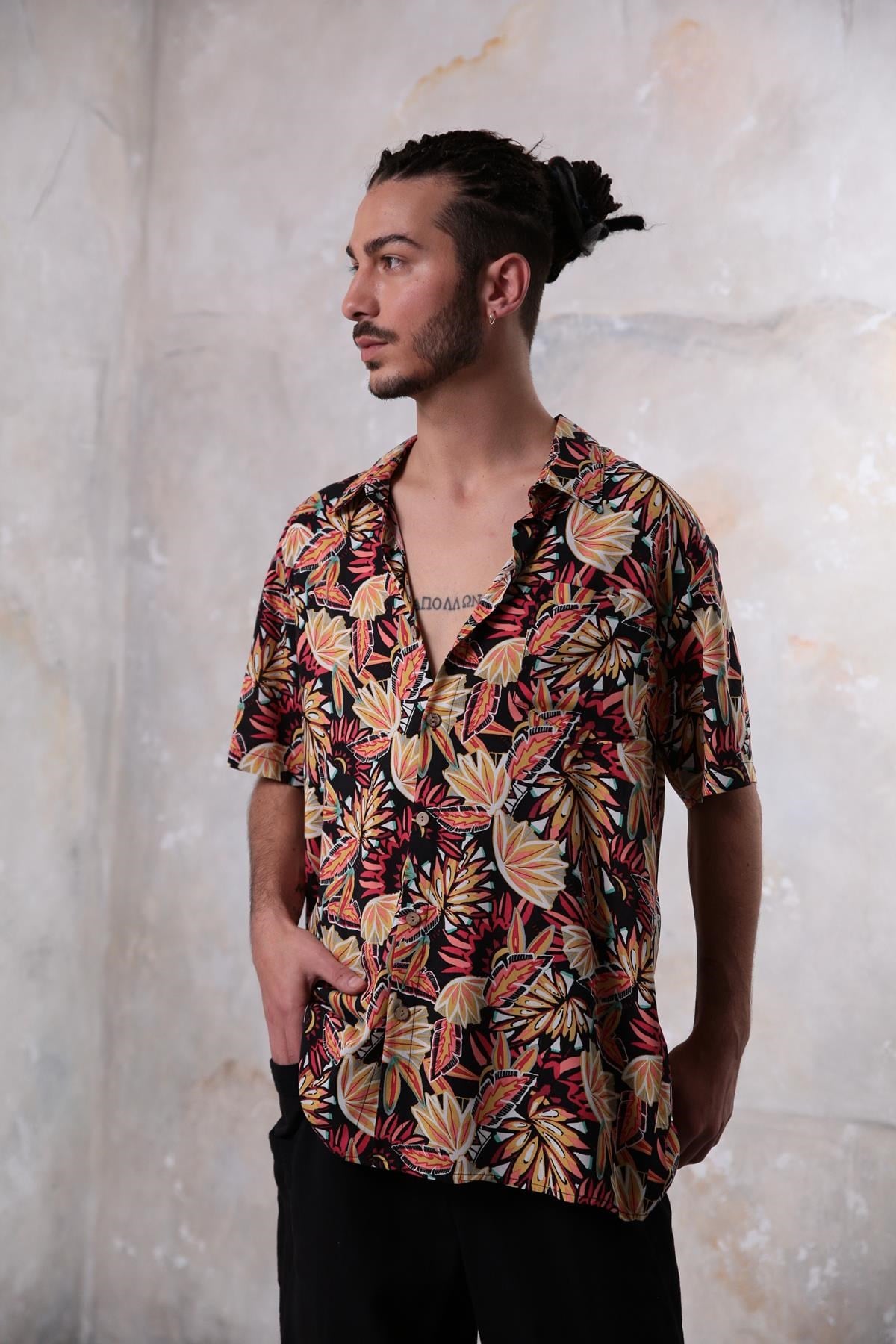 Saman Butik | Shop Online Black Leaf Pattern Shirt