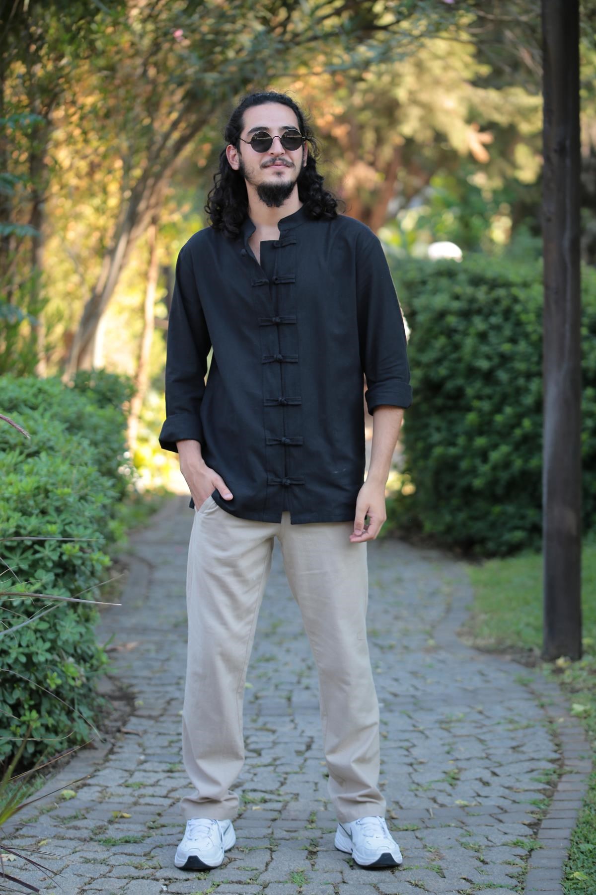  Siyah Hakim Yaka Düğüm Düğme Gömlek