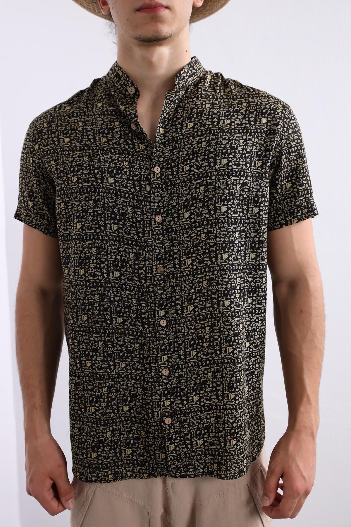  Siyah Hakim Yaka Etnik Desen Rahat Kesim Erkek Gömlek