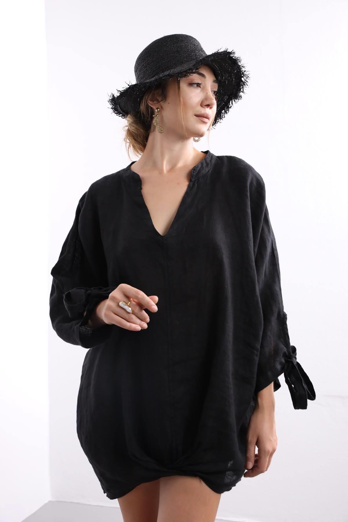 Black Knot Sleeve Linen Shirt Saman Butik | Shop Online Black Knot Sleeve Linen Shirt 