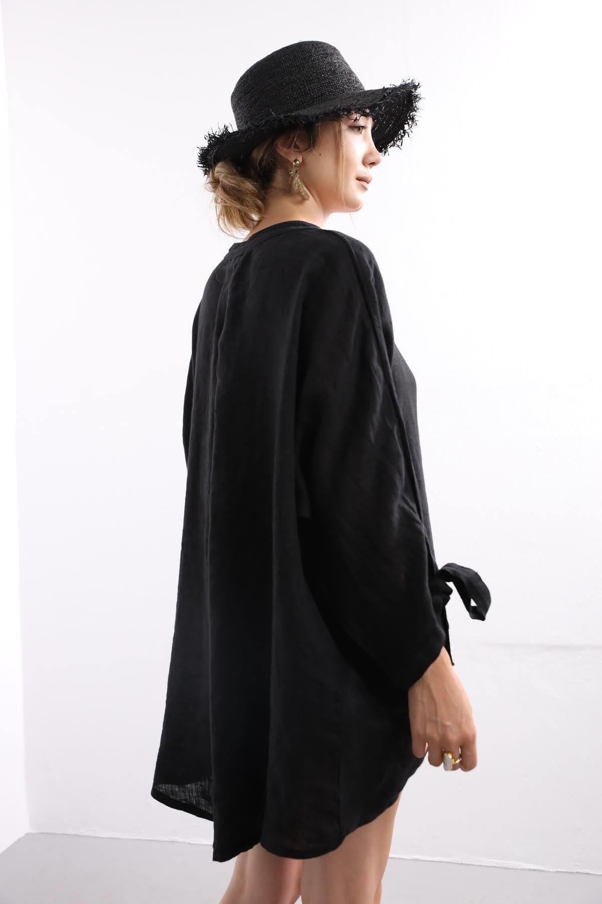 Black Knot Sleeve Linen Shirt Saman Butik | Shop Online Black Knot Sleeve Linen Shirt 