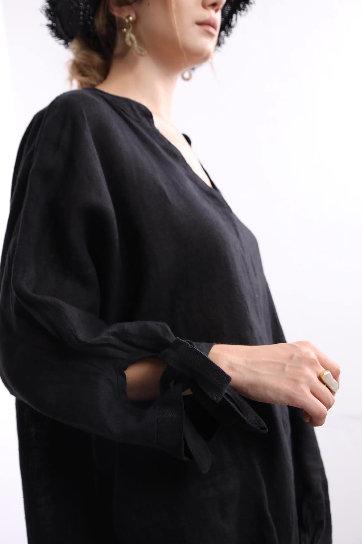 Black Knot Sleeve Linen Shirt Saman Butik | Shop Online Black Knot Sleeve Linen Shirt 