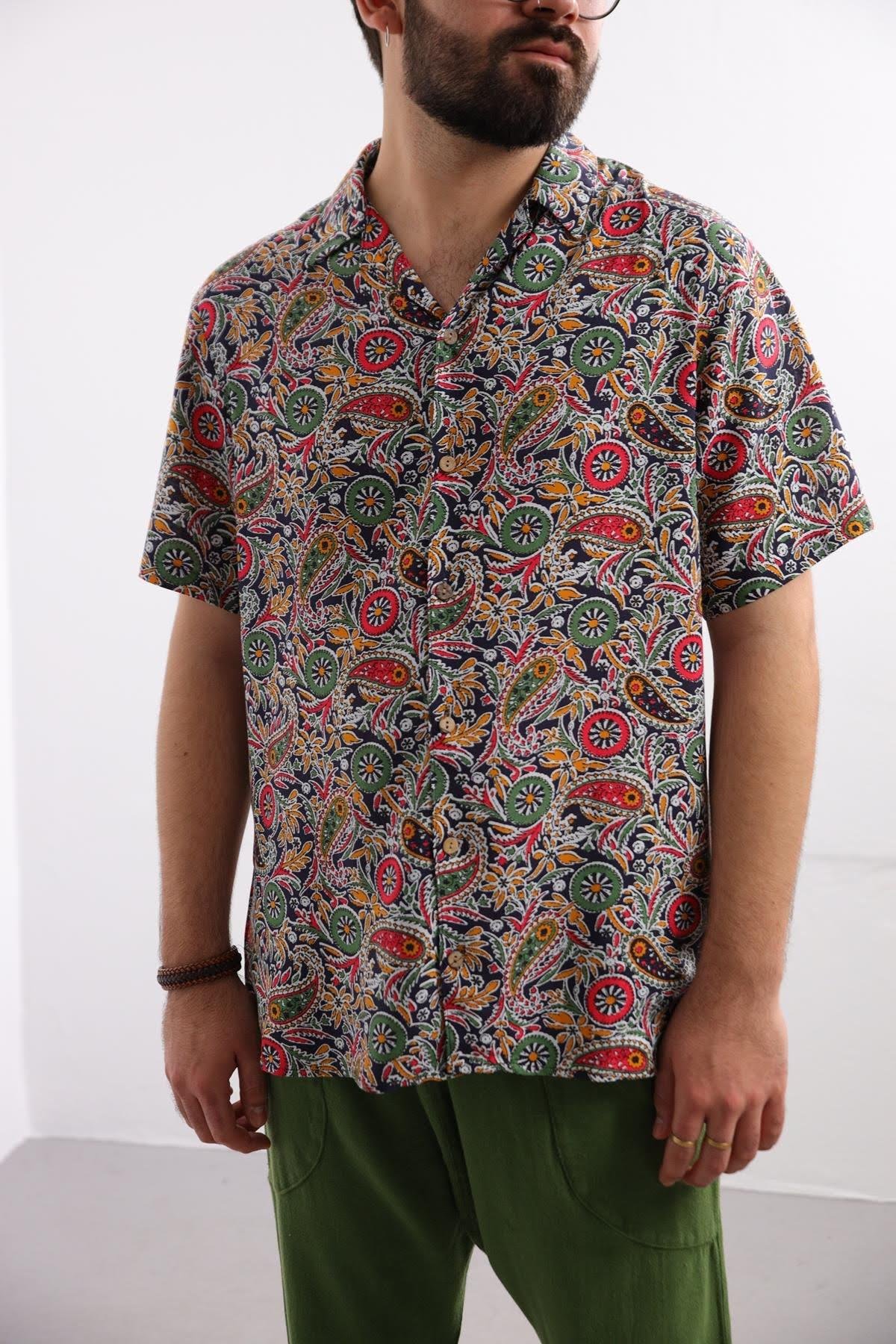 Black Paisley Patterned Short Sleeve Men's Shirt - Şaman Butik | Shop Online Black Paisley Patterned Short Sleeve Men's Shirt