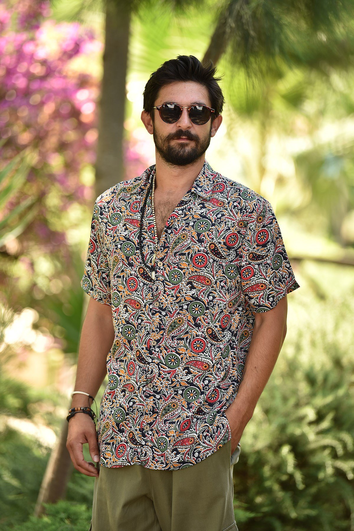 Mor Şal Desen Kısa Kollu Erkek Gömlek - Şaman Butik Siyah Şal Desen Kısa Kollu Erkek Gömlek