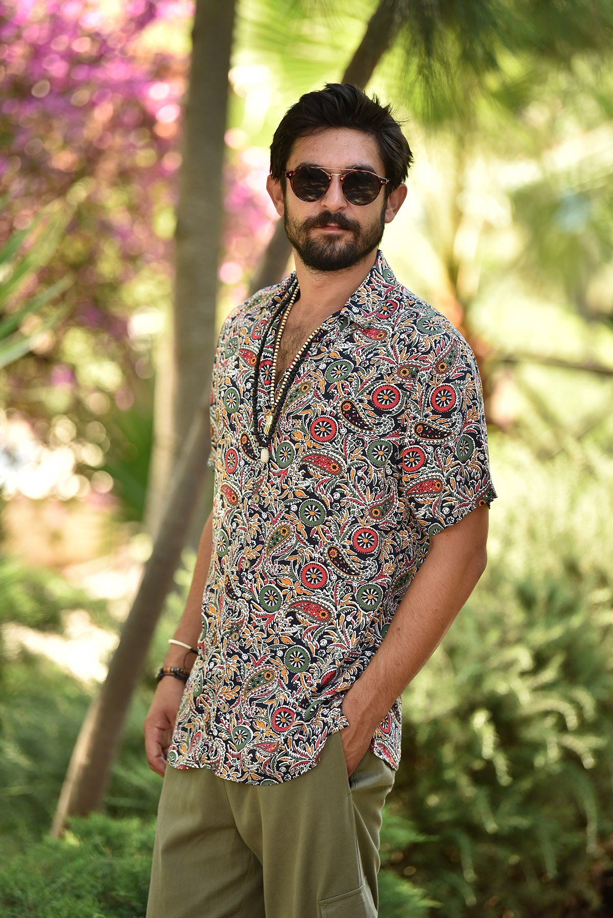 Mor Şal Desen Kısa Kollu Erkek Gömlek - Şaman Butik Siyah Şal Desen Kısa Kollu Erkek Gömlek