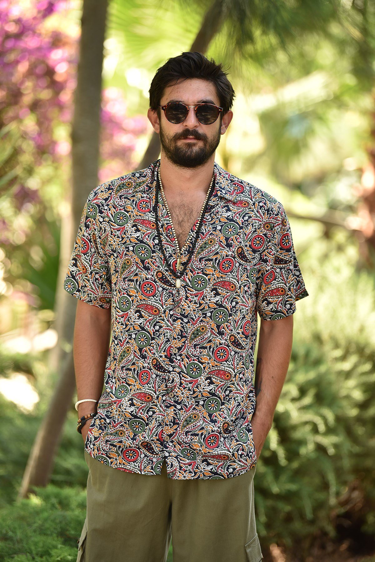 Mor Şal Desen Kısa Kollu Erkek Gömlek - Şaman Butik Siyah Şal Desen Kısa Kollu Erkek Gömlek