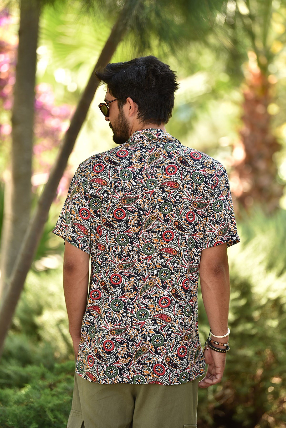 Mor Şal Desen Kısa Kollu Erkek Gömlek - Şaman Butik Siyah Şal Desen Kısa Kollu Erkek Gömlek